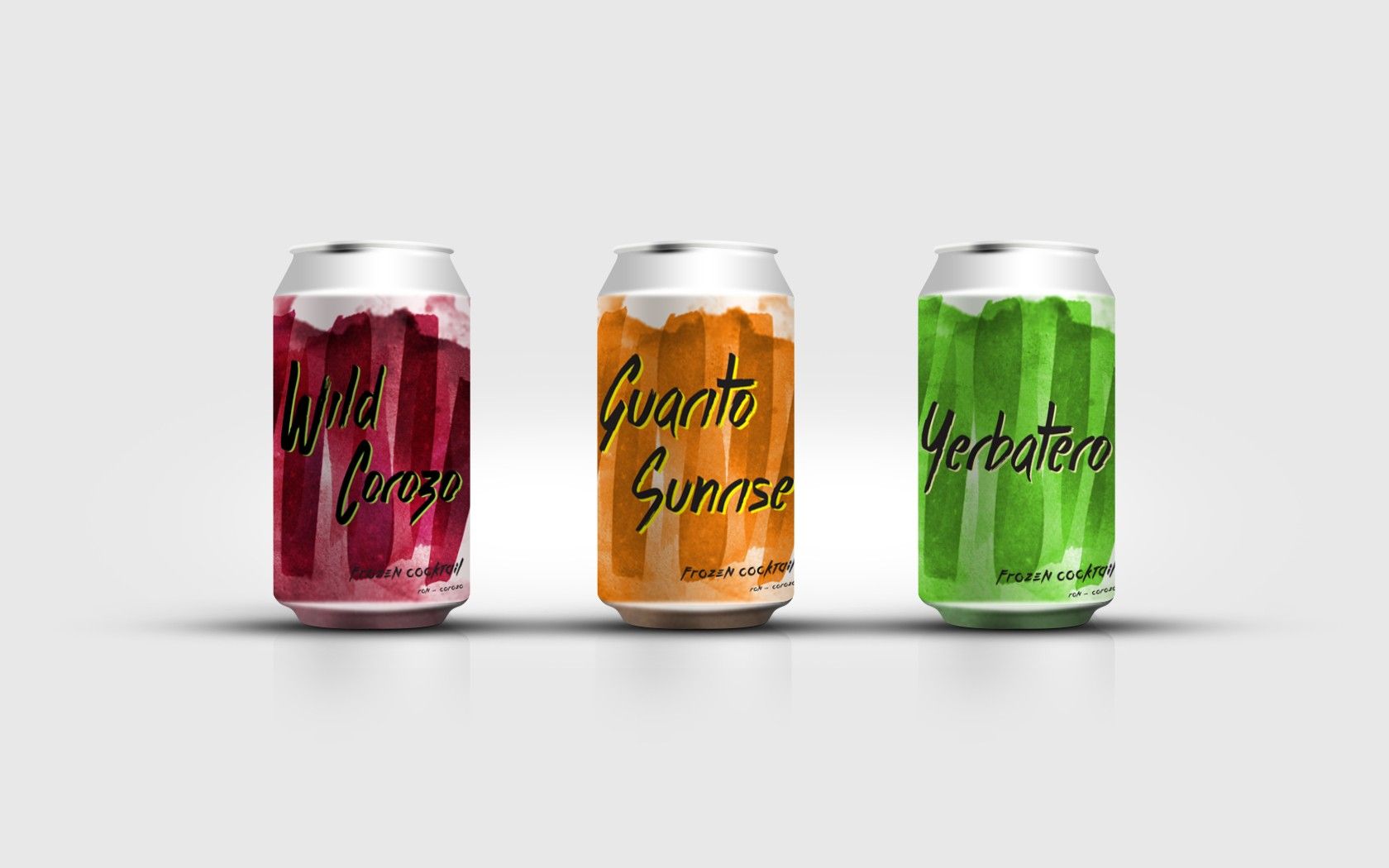 Three cans in burgundy, orange and green: Wild Corozo, Guarito Sunrise and Yerbatero