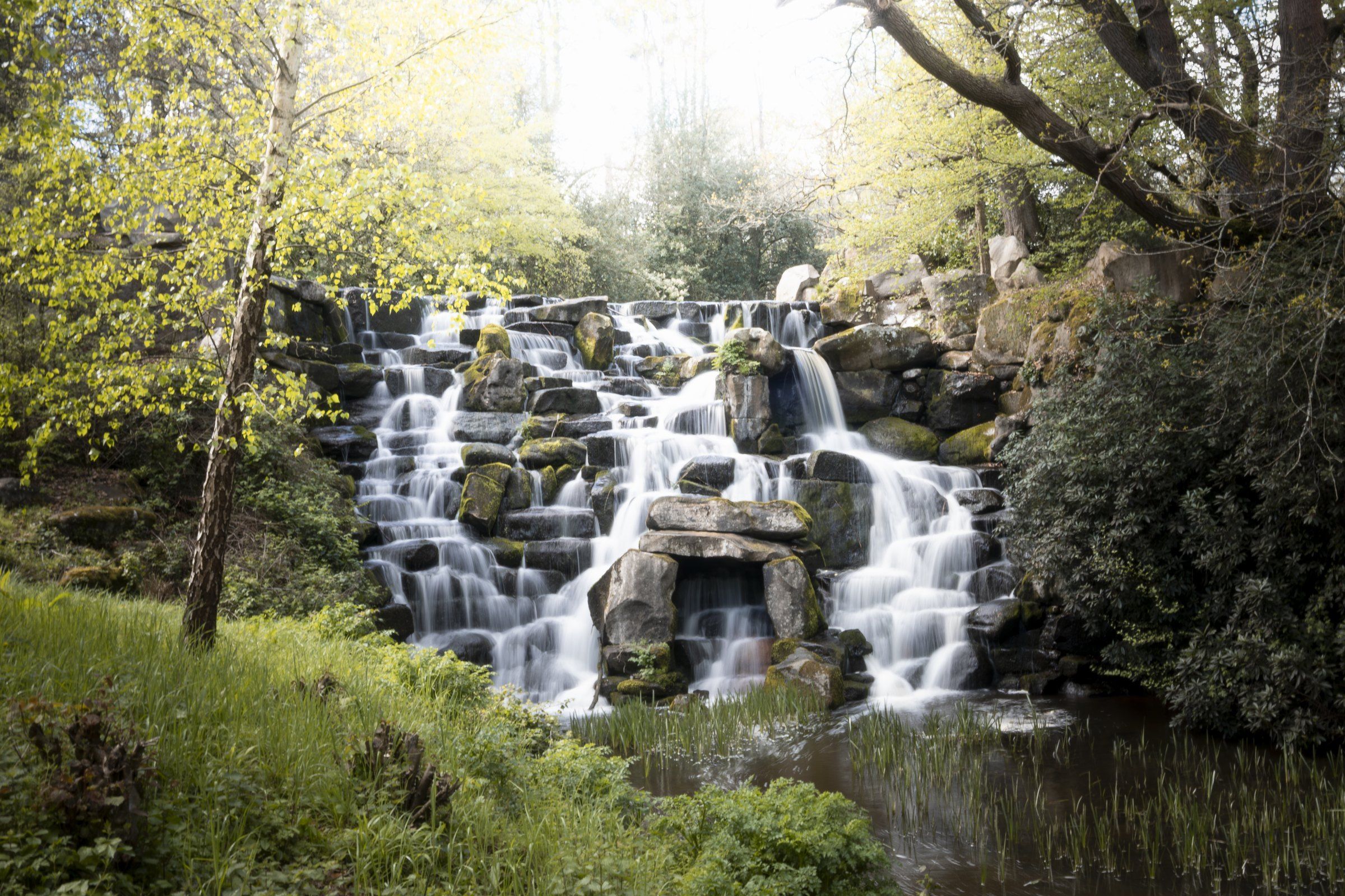 Stone cascade waterfall in sunlit spring woodland
