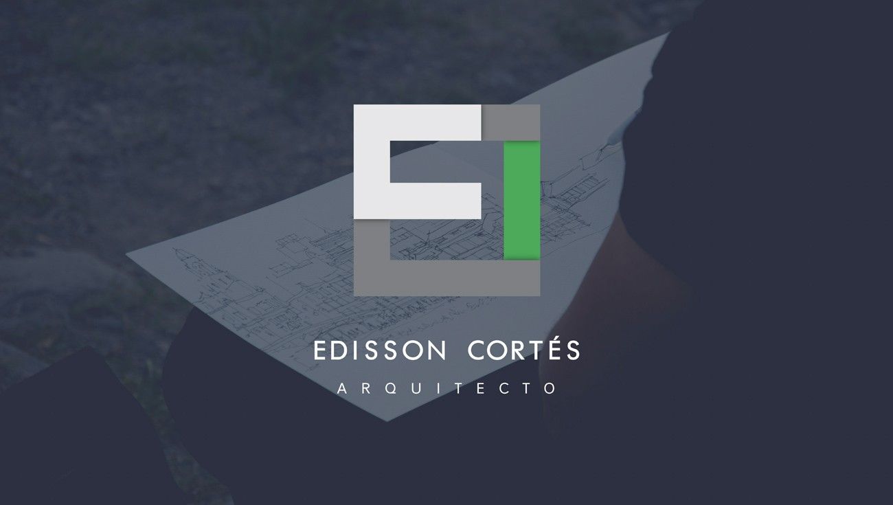 Edisson Cortés Arquitecto logo over a faded architectural drawing