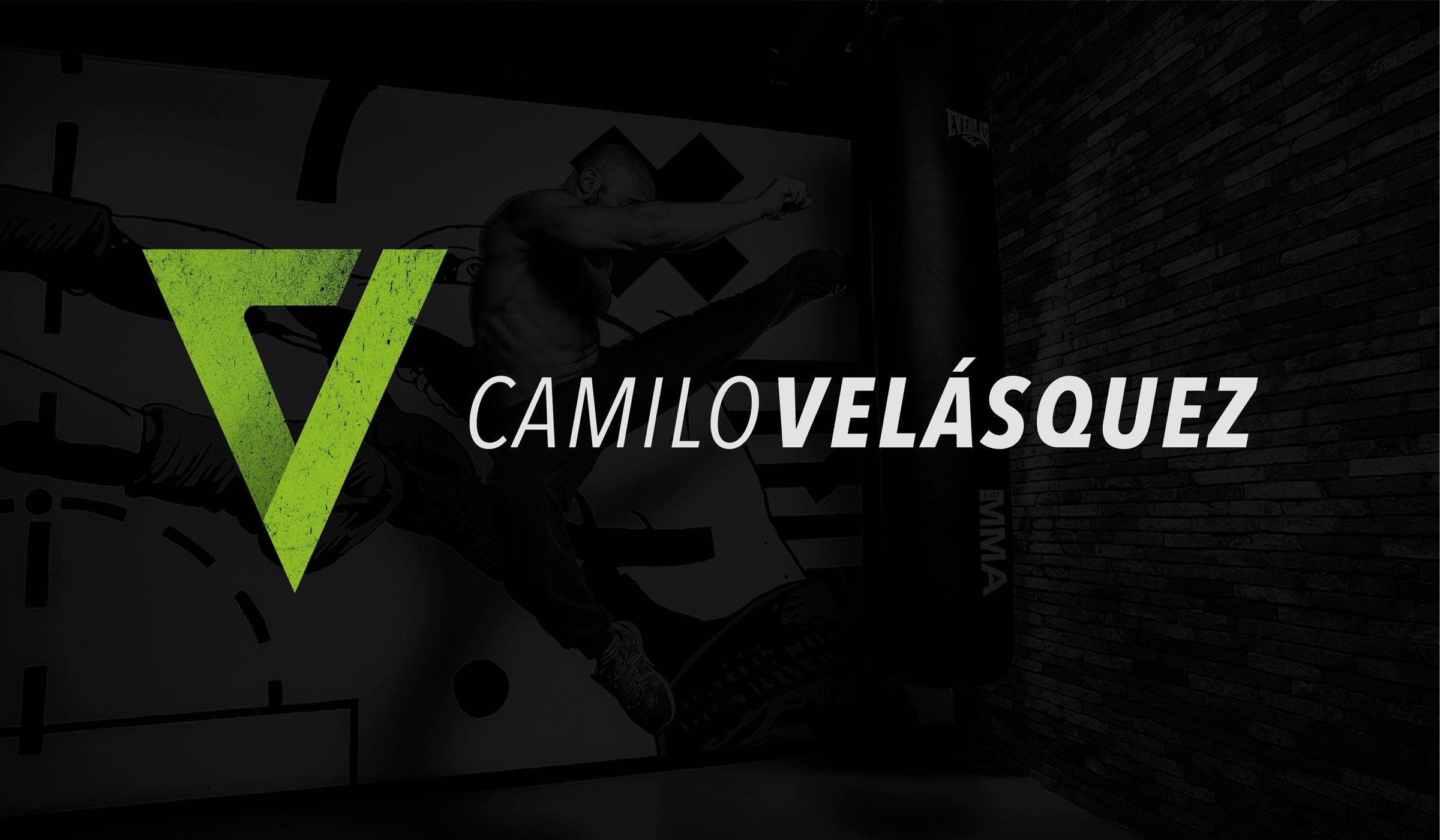 Camilo Velásquez logo, a green textured V beside the name, over a dark photo of a high kick
