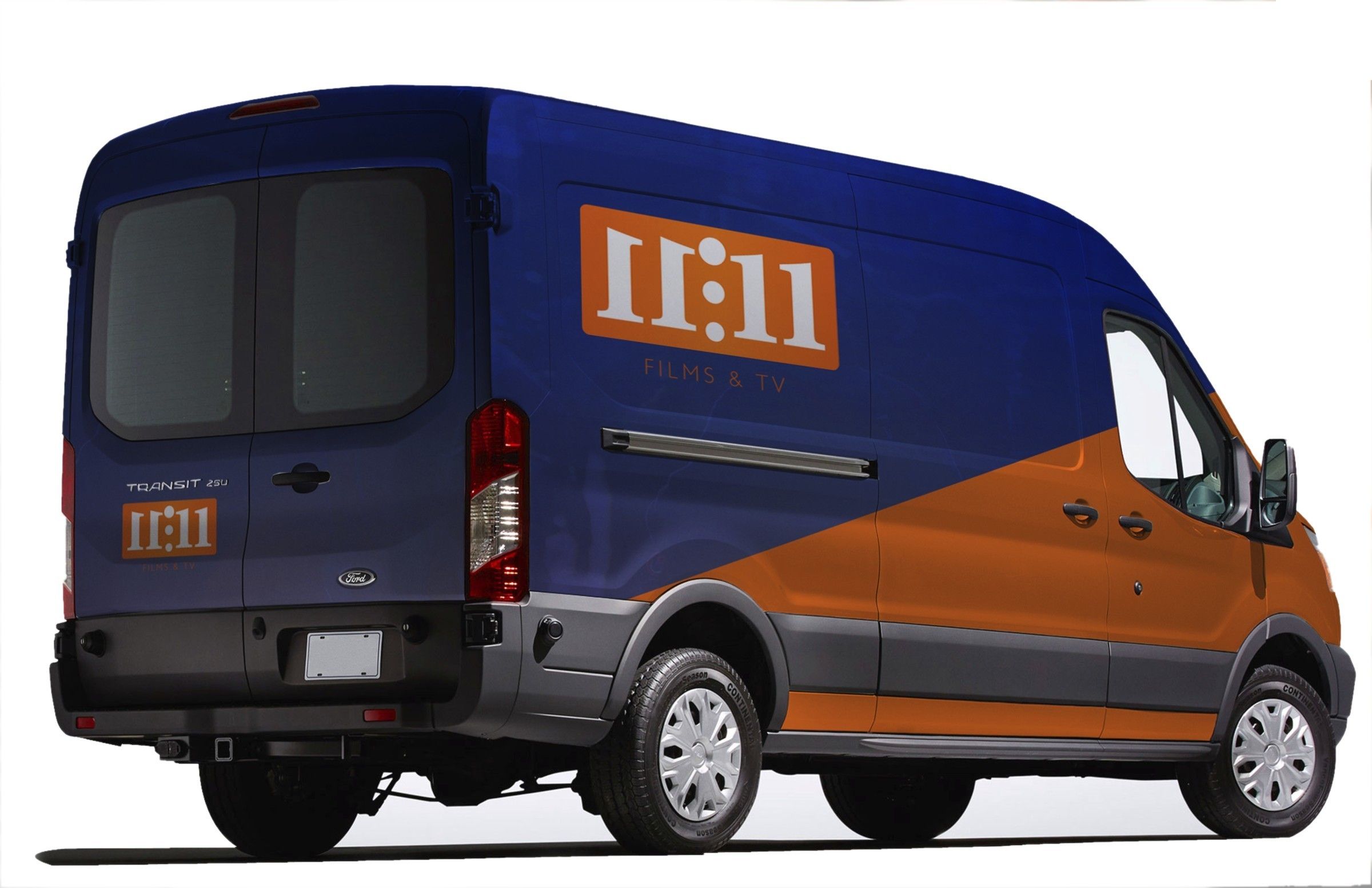 Navy and orange van livery with the 11:11 Films & TV logo on the side and back