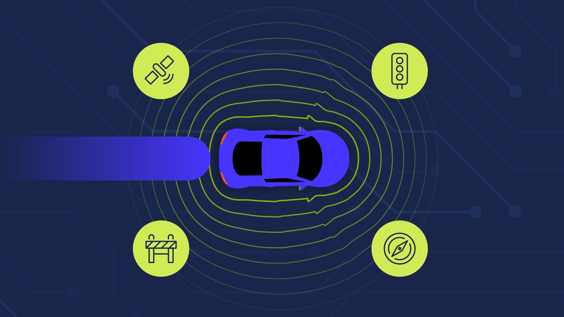 Car surrounded by signal rings and icons for GPS, traffic lights, roadworks and navigation