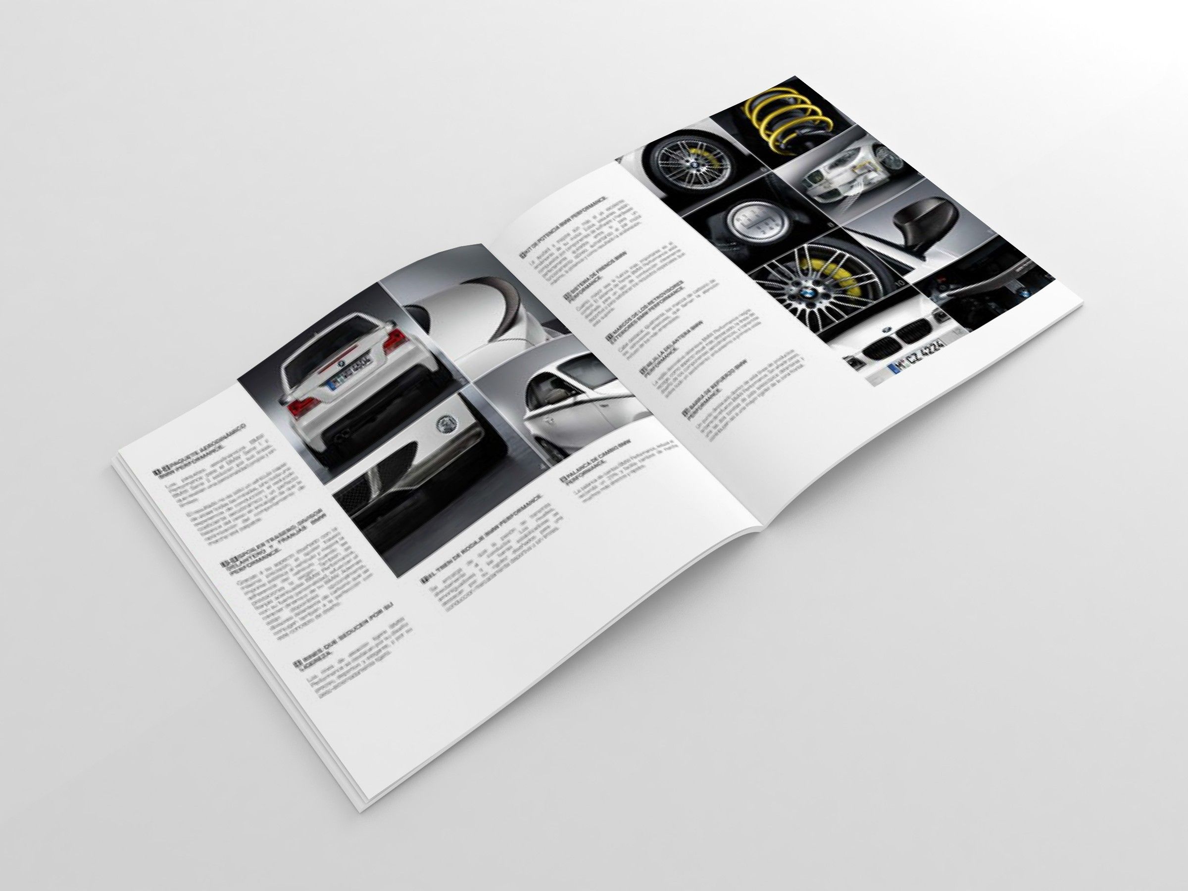 Open brochure showing carbon trims, wheels and interior details