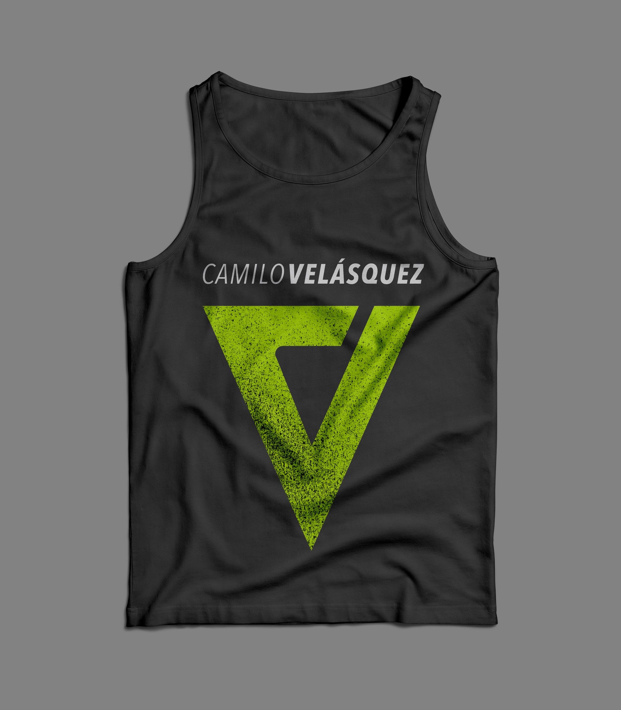 Black vest top printed with the green V monogram and name