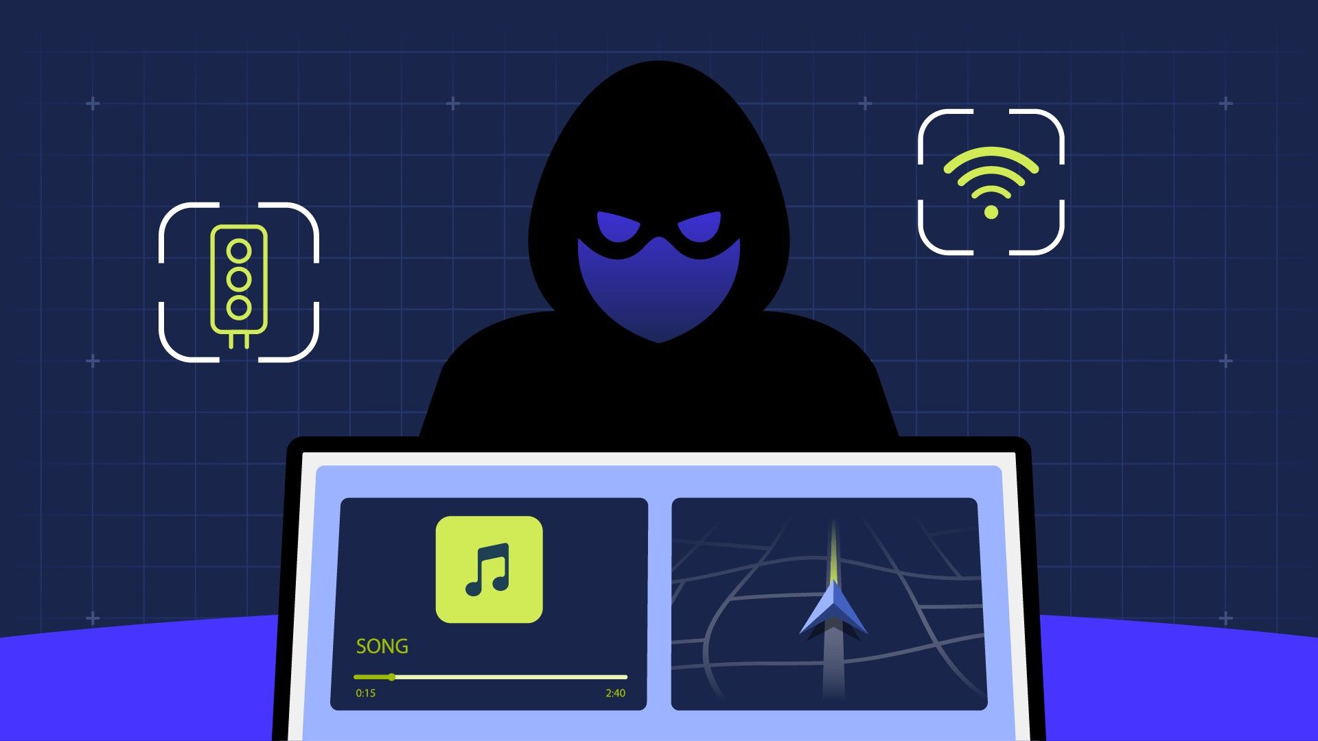 Hooded attacker at a car infotainment screen, with traffic light and wifi icons
