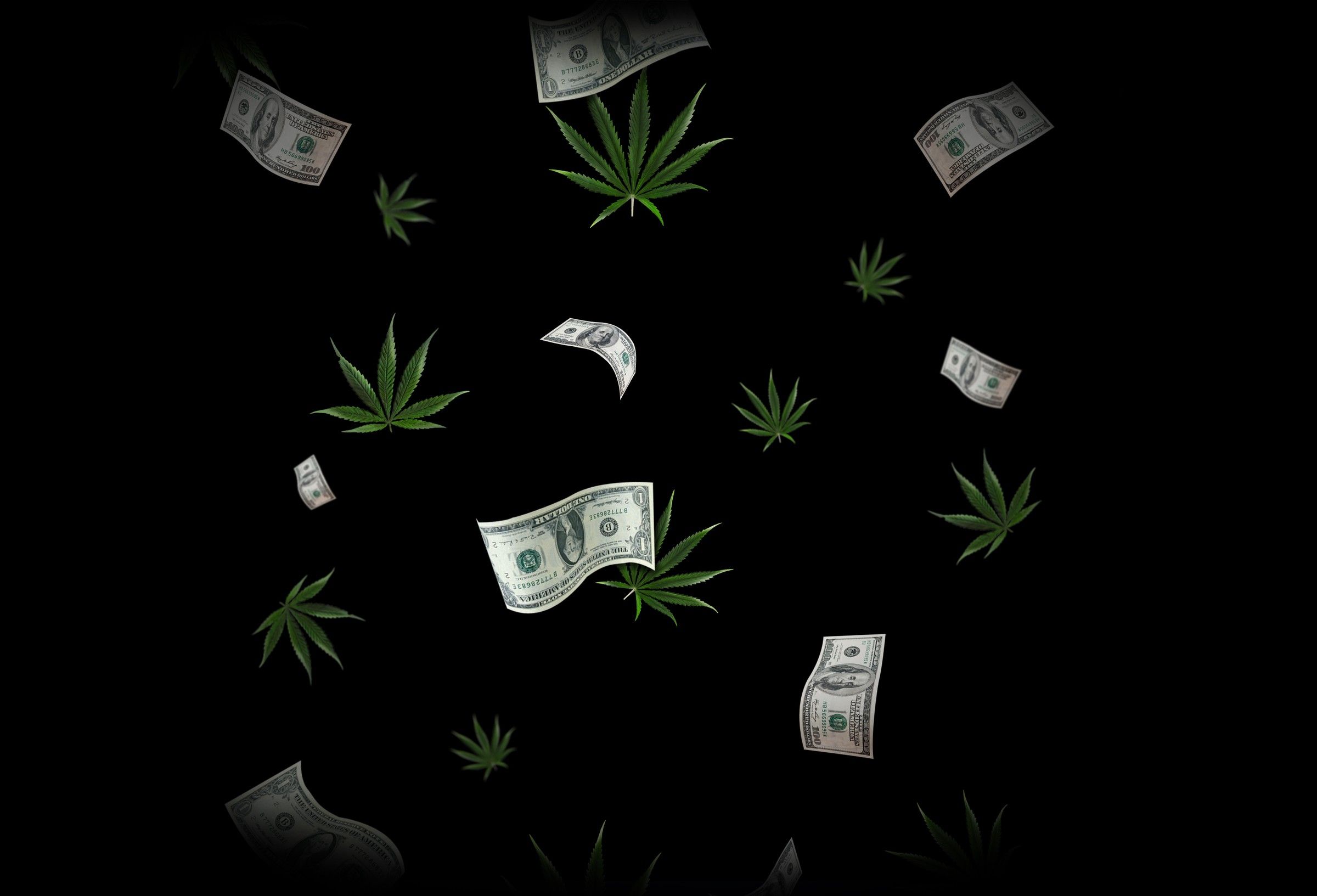 Background layer of falling banknotes and cannabis leaves on black
