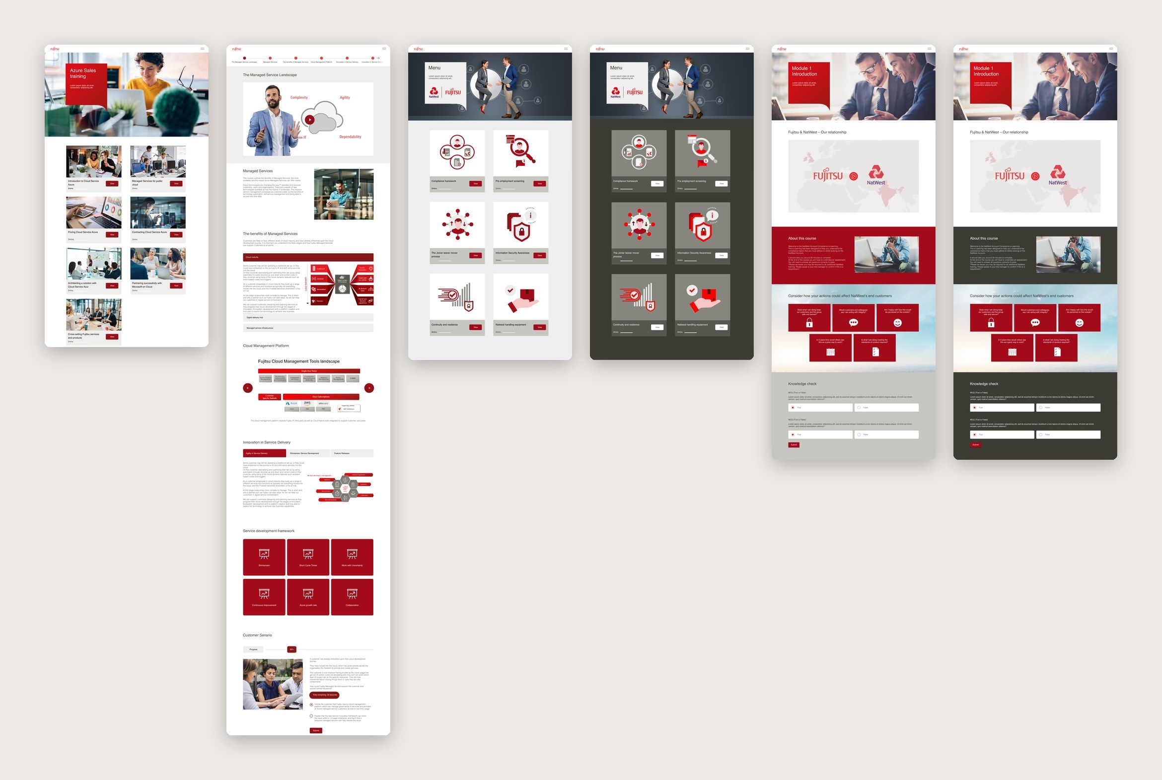 Six full-length course pages side by side, including Azure Sales training, a managed services module, light and dark course menus and two versions of the NatWest module introduction