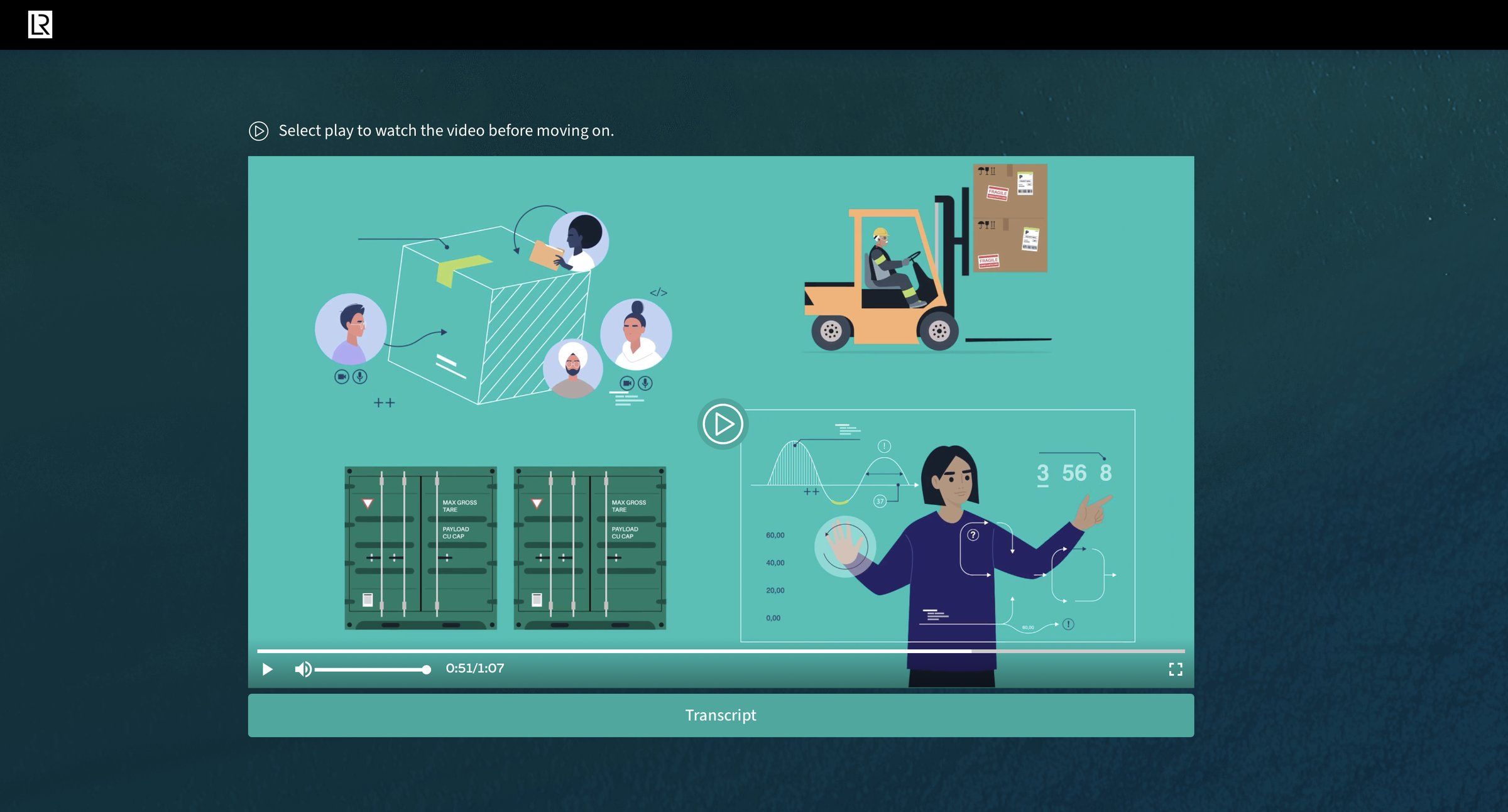 Animated video frame in flat illustration style showing people on a video call, a forklift, shipping containers and a woman presenting data