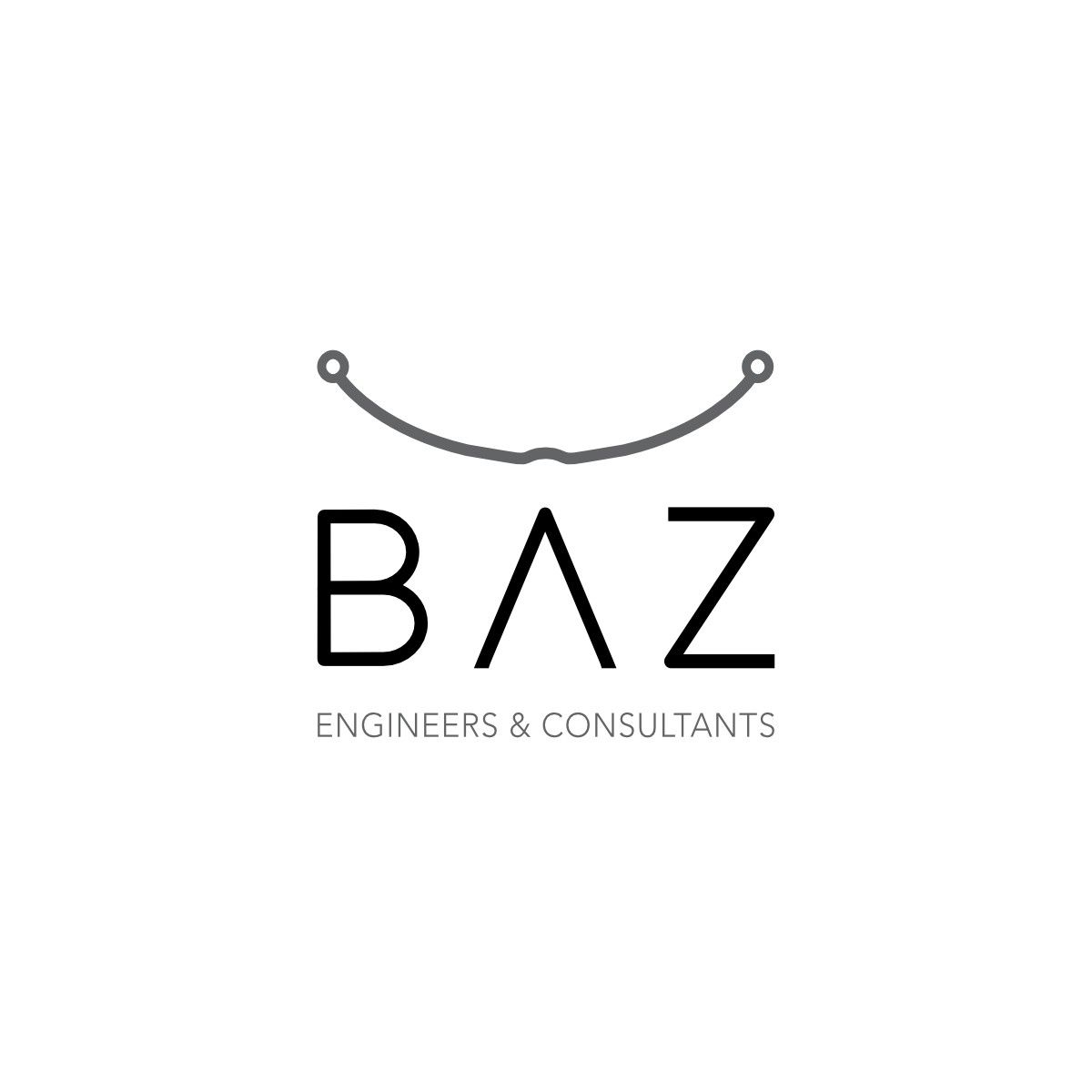 BAZ Engineers & Consultants logo, a thin grey arc with circuit-like end points above the letters BAZ, on white