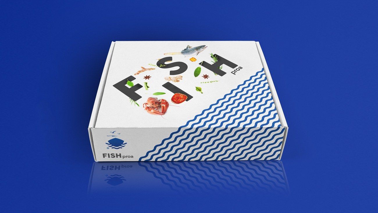 White FISHproa box with the wave pattern and the wordmark surrounded by ingredients, on deep blue