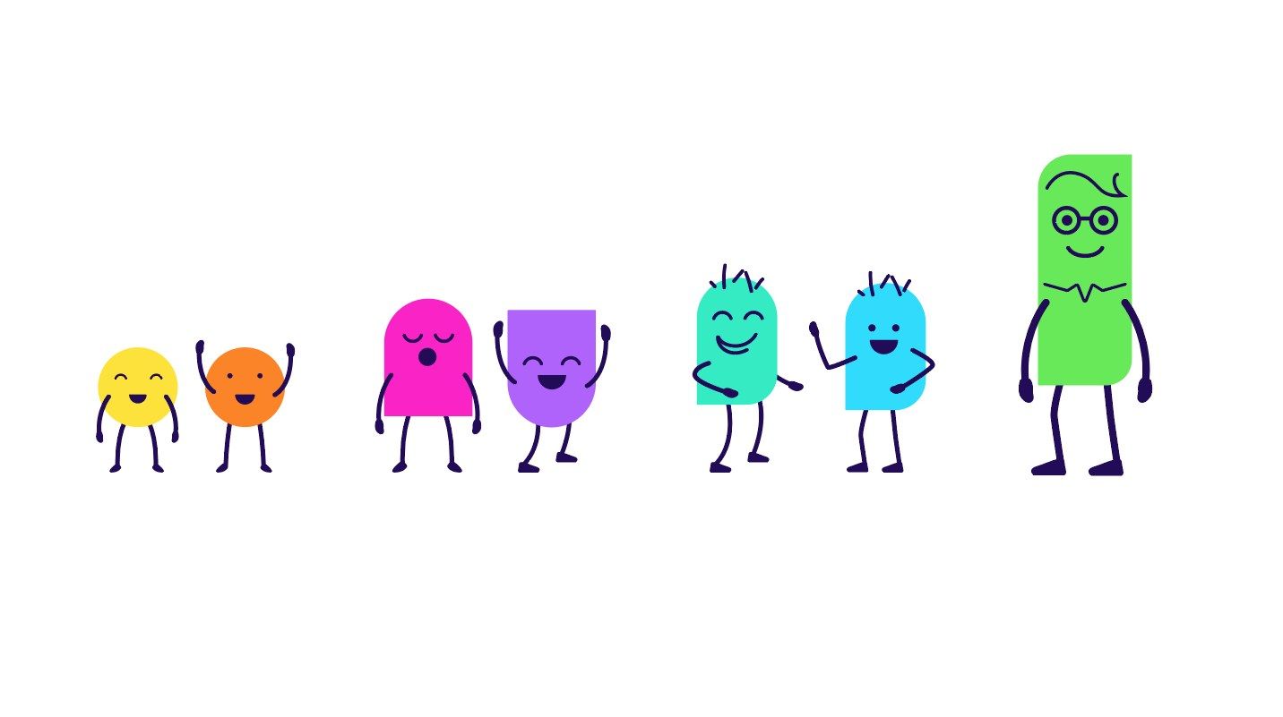 A line-up of colourful shape characters with stick arms and legs, from small round children to a tall green adult with glasses