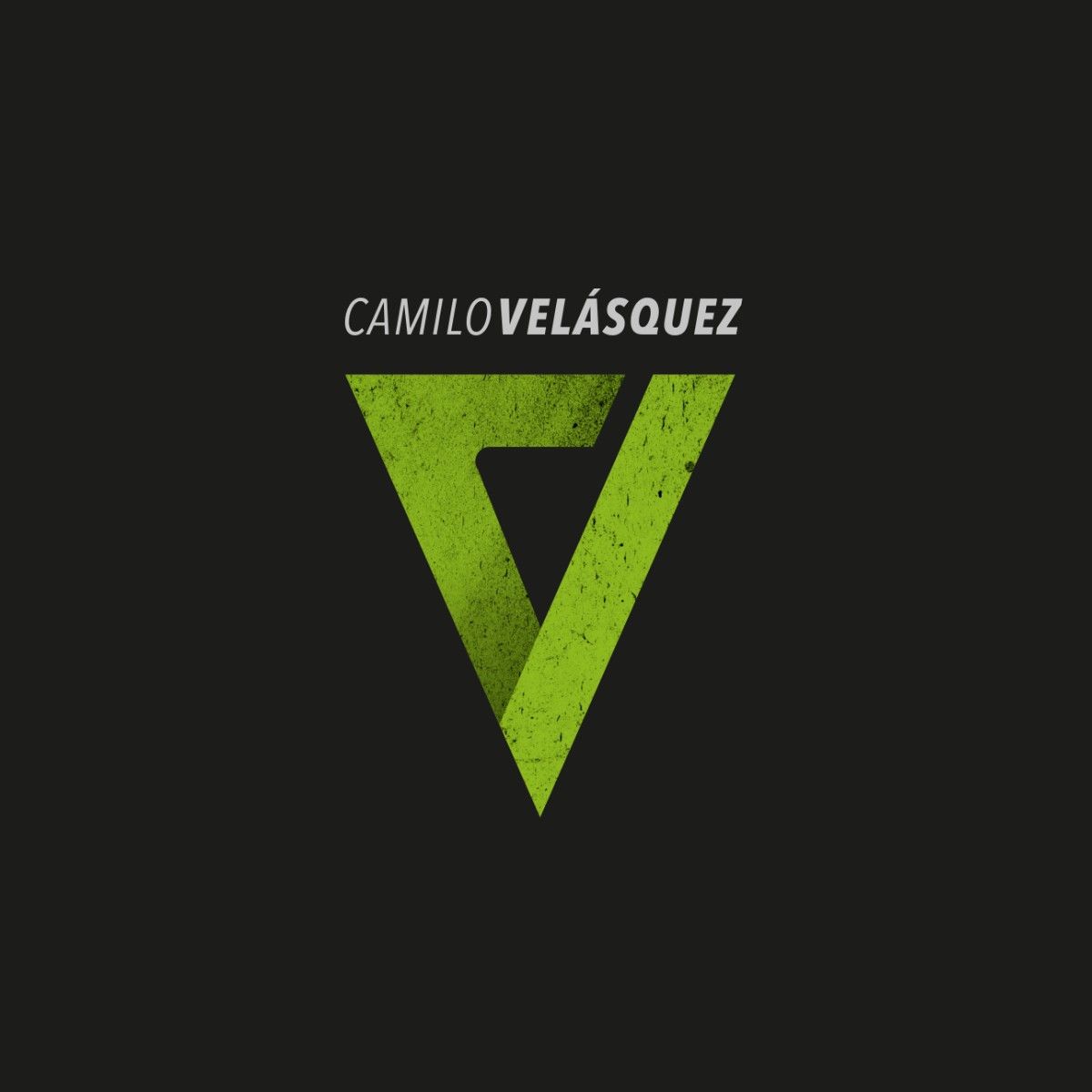 Camilo Velásquez logo, a textured green V monogram under the name, on charcoal