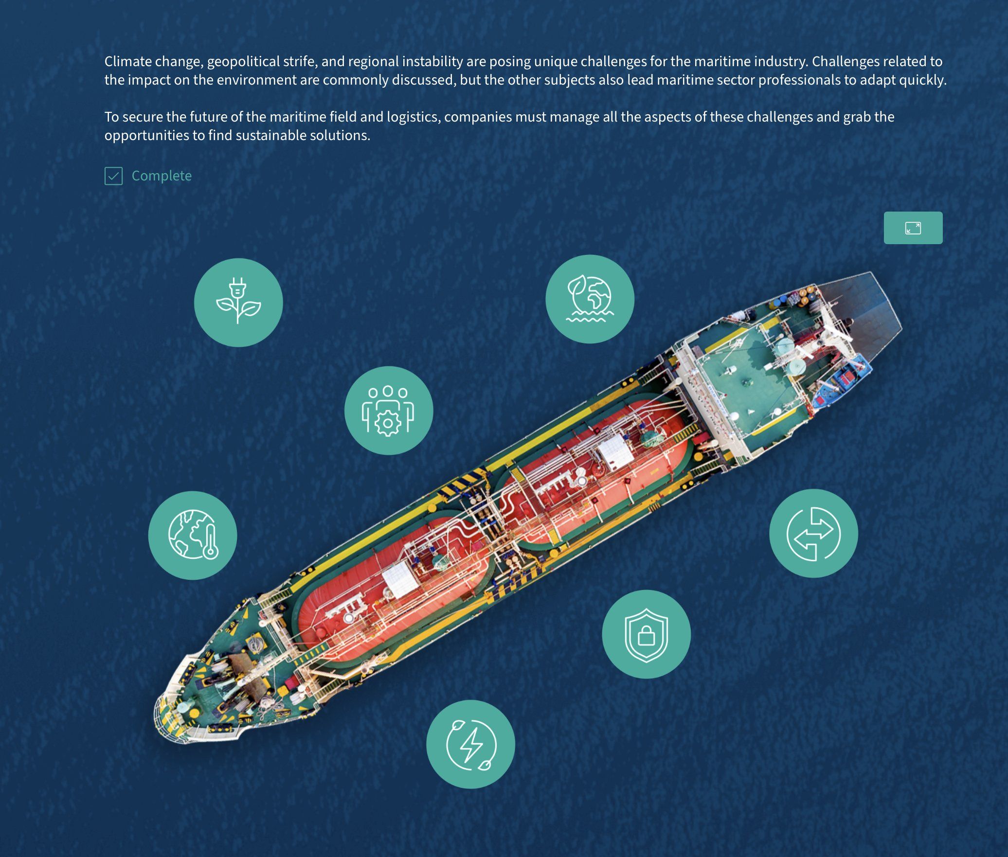 Challenges and opportunities page with seven teal icons, covering topics such as climate, people, security and energy, arranged around an aerial photo of a tanker