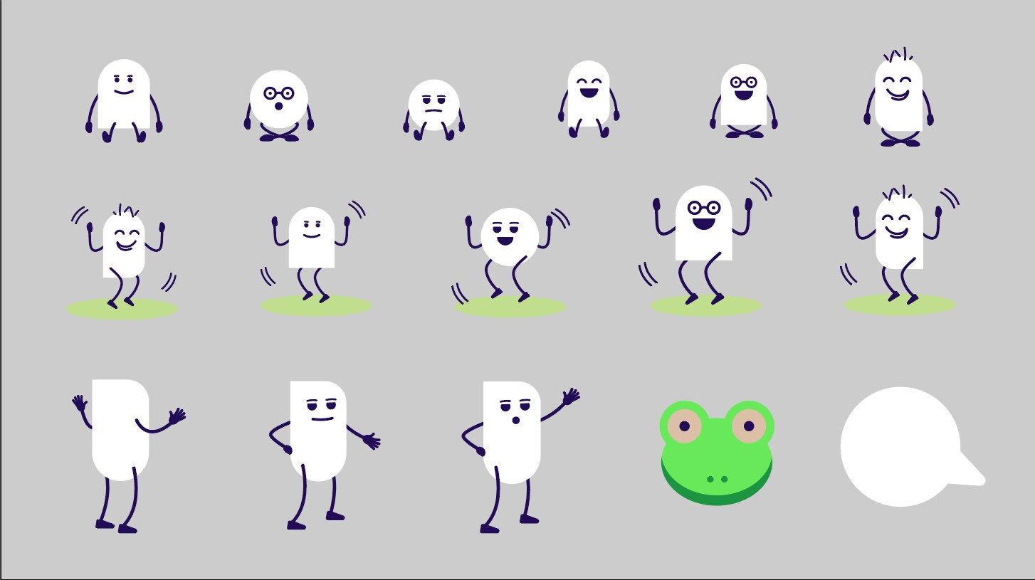 Character sheet of white shape characters sitting, dancing and waving, plus a frog face and a speech bubble