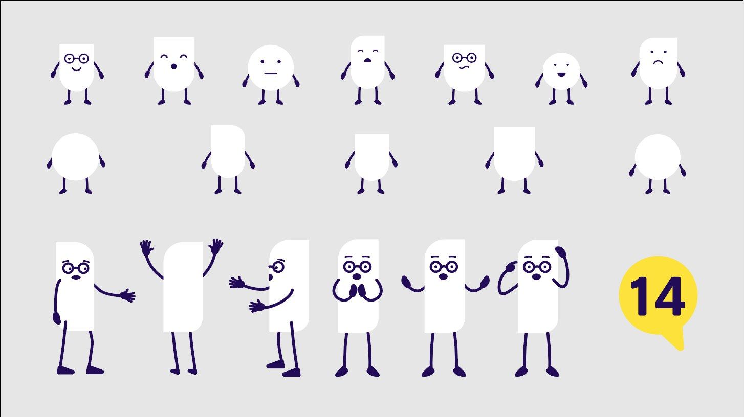 Character sheet with front views of each character shape, blank versions without faces, and the teacher character in six poses