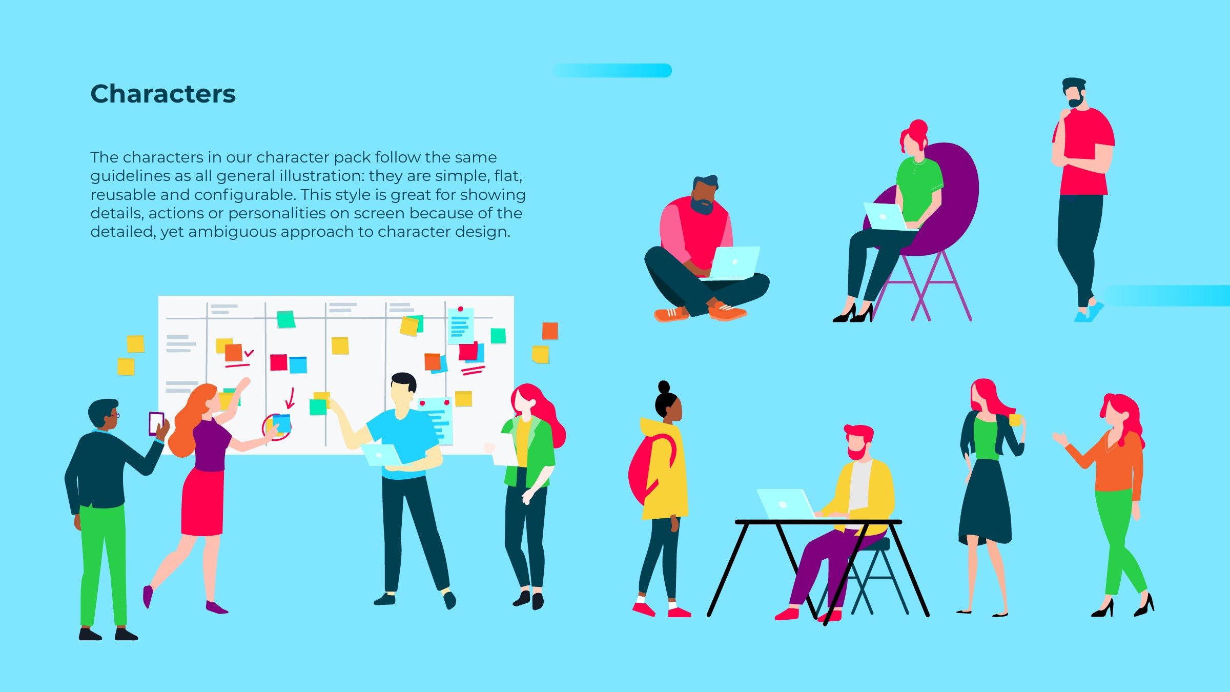 Character pack with a diverse group of flat illustrated people working at desks, planning on a board, using phones and talking