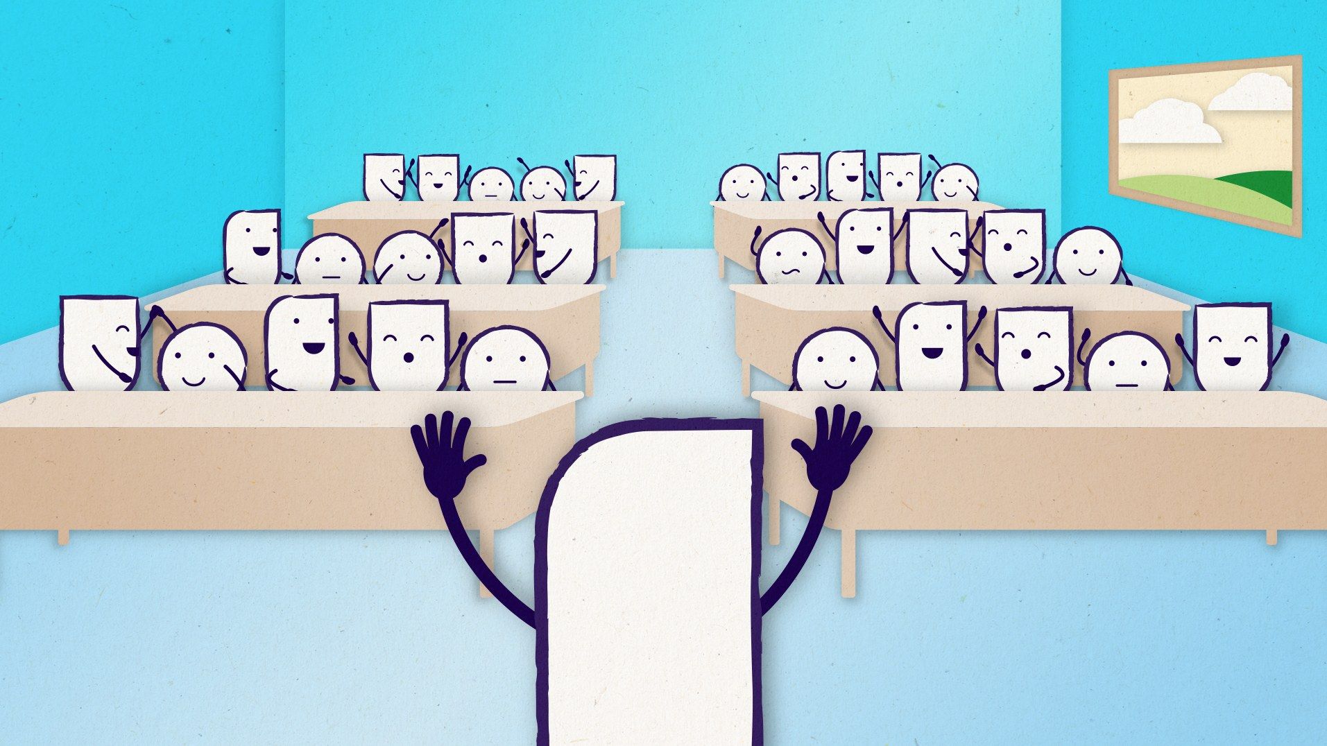 Paper-cut style classroom with rows of white shape characters at desks, waving at a tall teacher character seen from behind