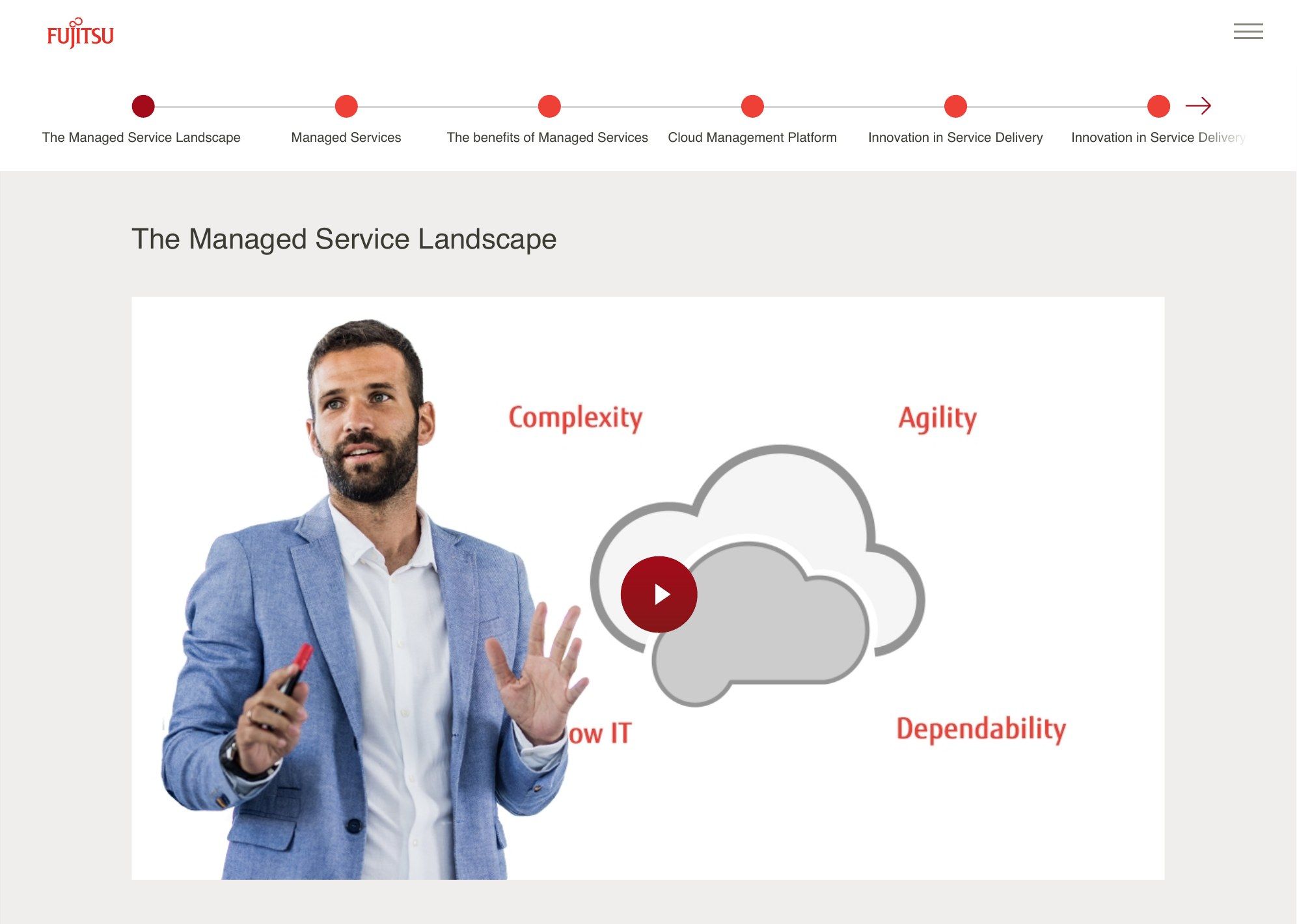 Module page with a red progress navigation bar and "The Managed Service Landscape" section, showing a presenter beside a cloud graphic with a play button and the words complexity, agility and dependability