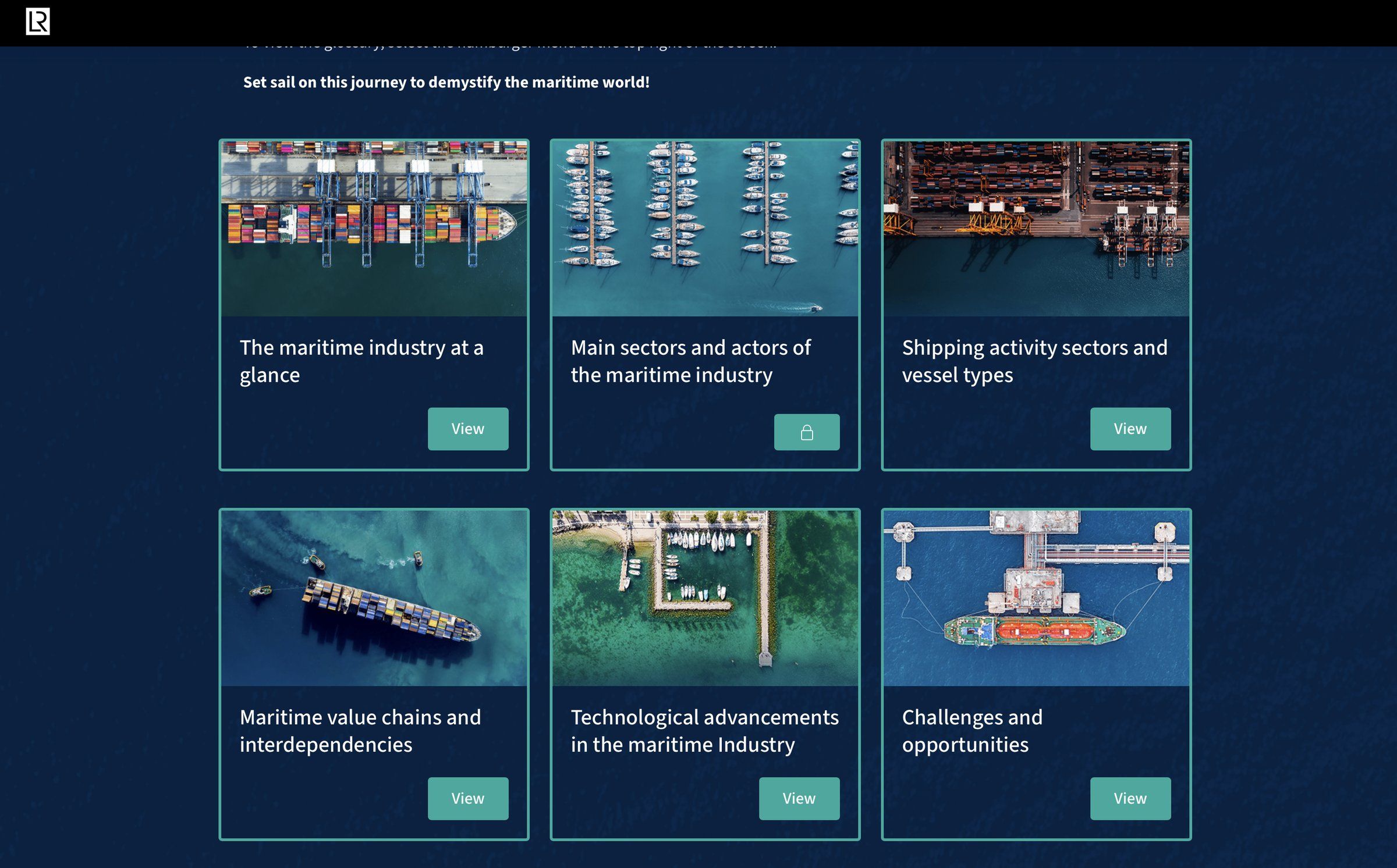 Course menu with six topic cards, each with an aerial photo of ports, marinas or ships and a View button, one locked until the previous topic is complete