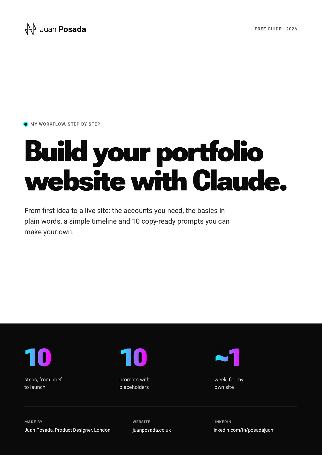 Cover of the guide: Build your portfolio website with Claude, by Juan Posada.