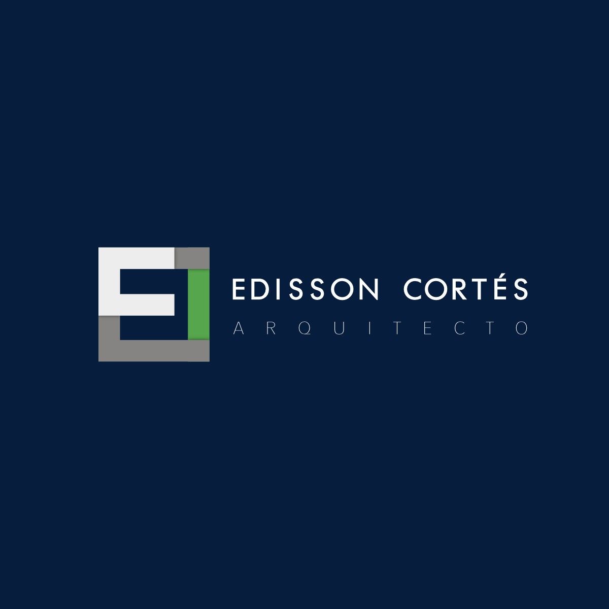 Edisson Cortés Arquitecto logo, a white, grey and green EC monogram beside the name, on navy