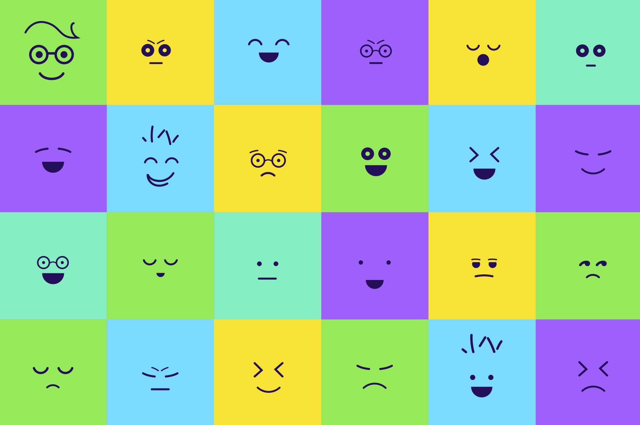 Grid of 24 coloured squares in green, yellow, blue, purple and mint, each with a simple face showing a different expression