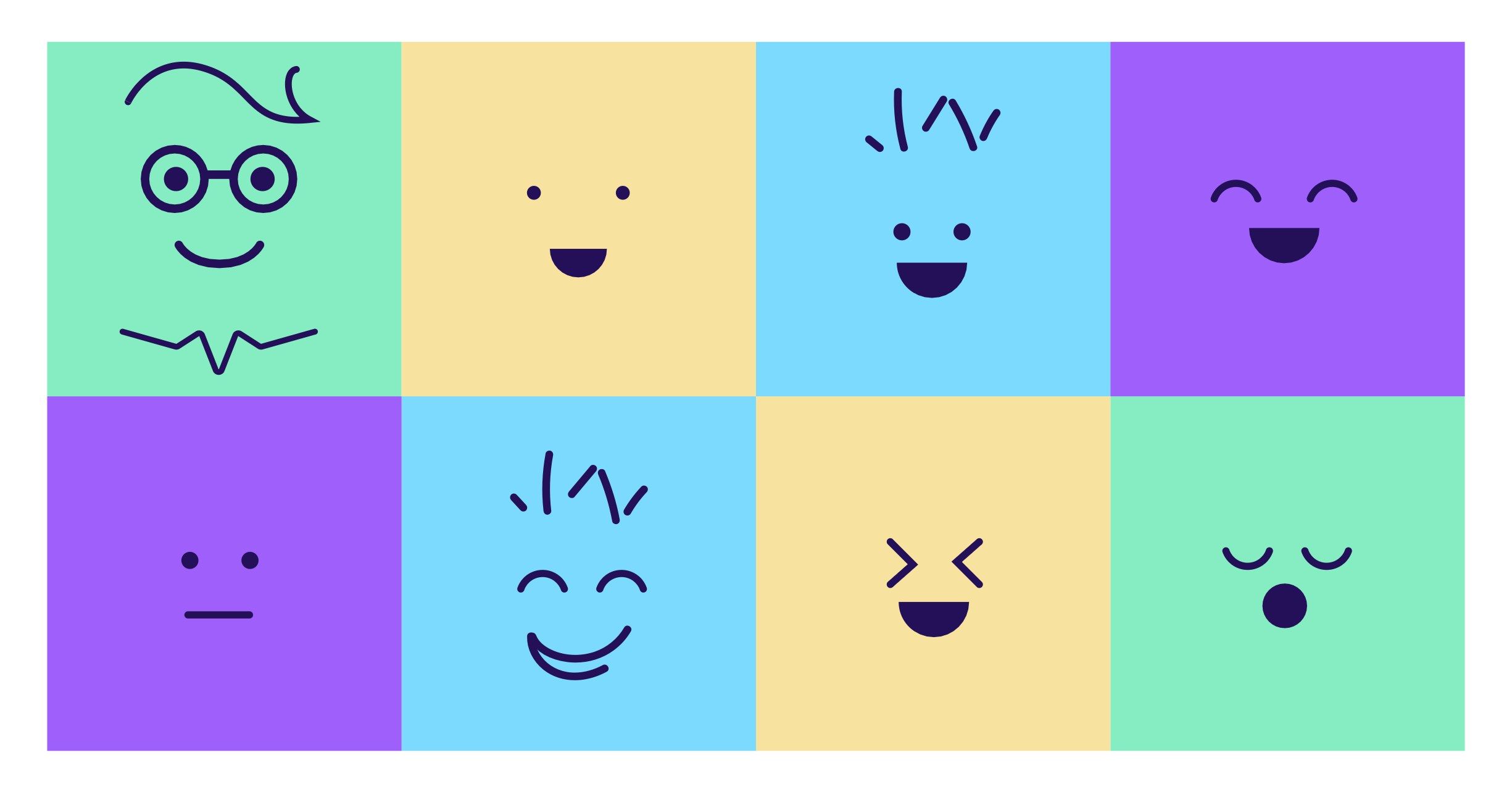 Grid of eight coloured squares, each with a simple face drawn in dark purple lines, showing different expressions