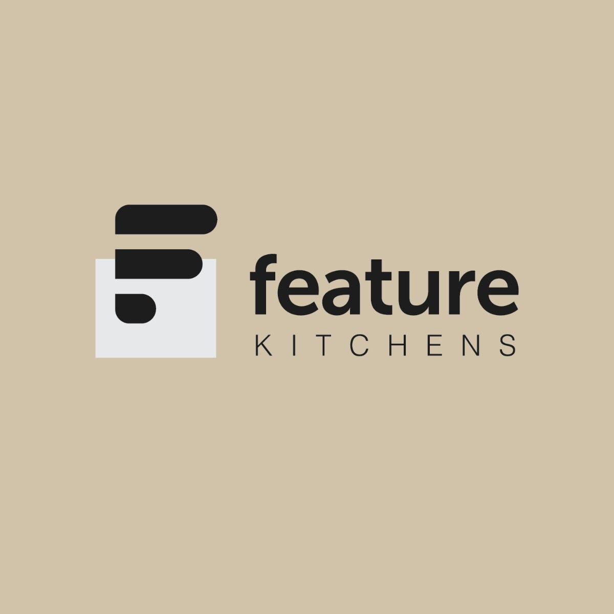 Feature Kitchens logo, an F built from rounded bars like drawers beside the wordmark, on beige