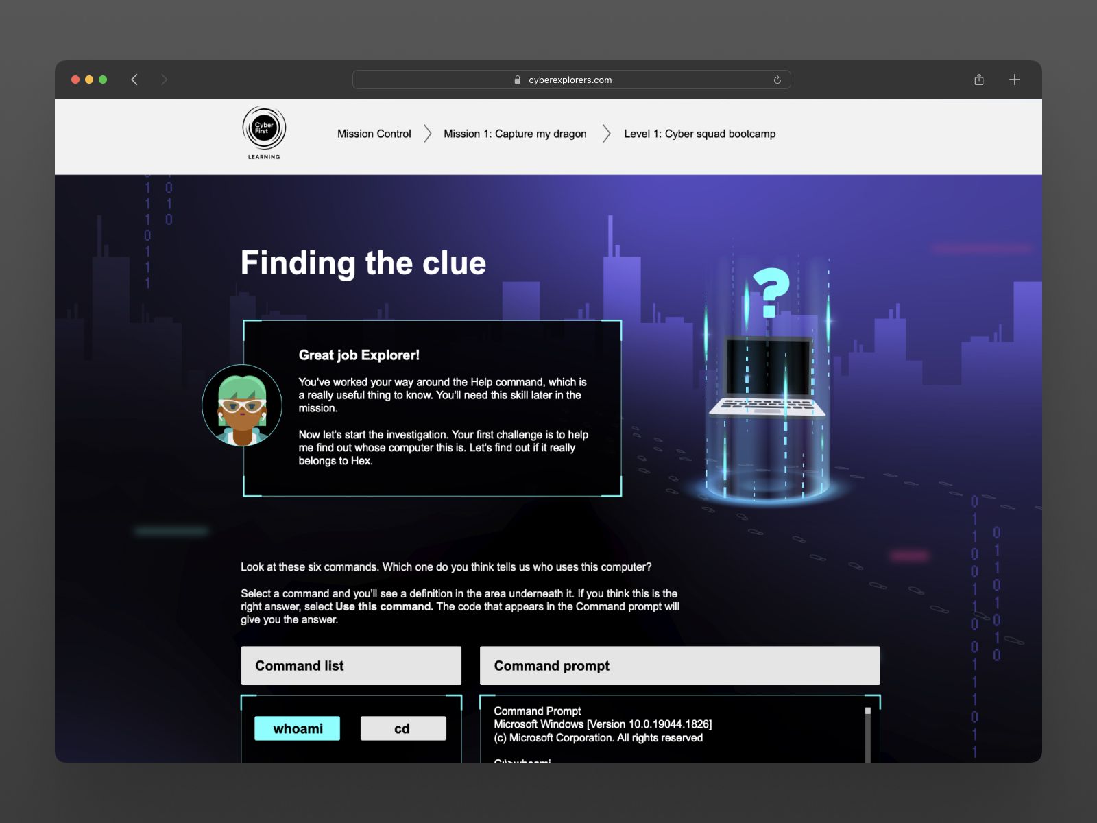 Level 1 "Finding the clue" page where the student picks the whoami command, sees the result in a command prompt and unlocks the next stage