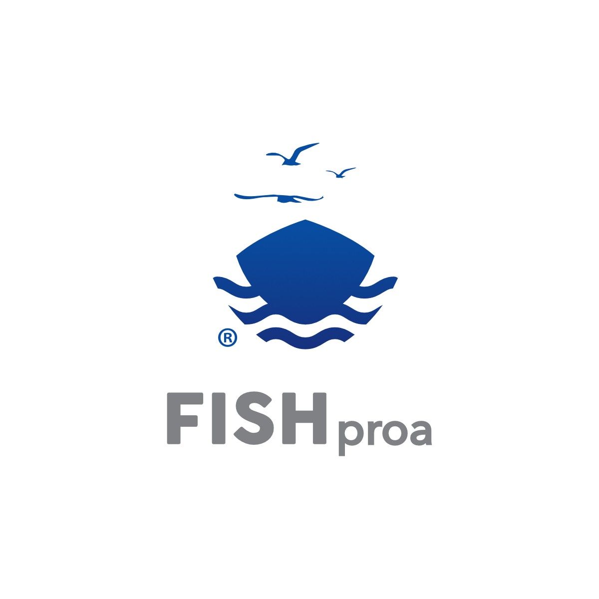 FISHproa logo, a blue boat bow rising from waves with seagulls above, over grey lettering