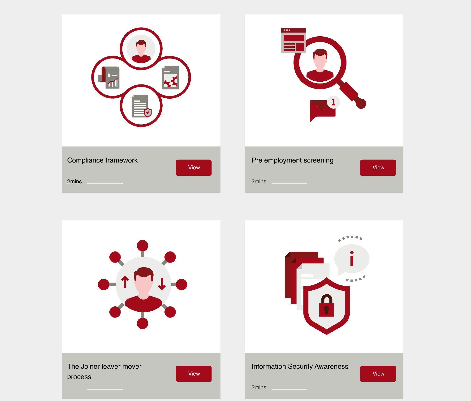 Course menu cards with red and grey illustrated icons for compliance framework, pre-employment screening, the joiner leaver mover process and information security awareness