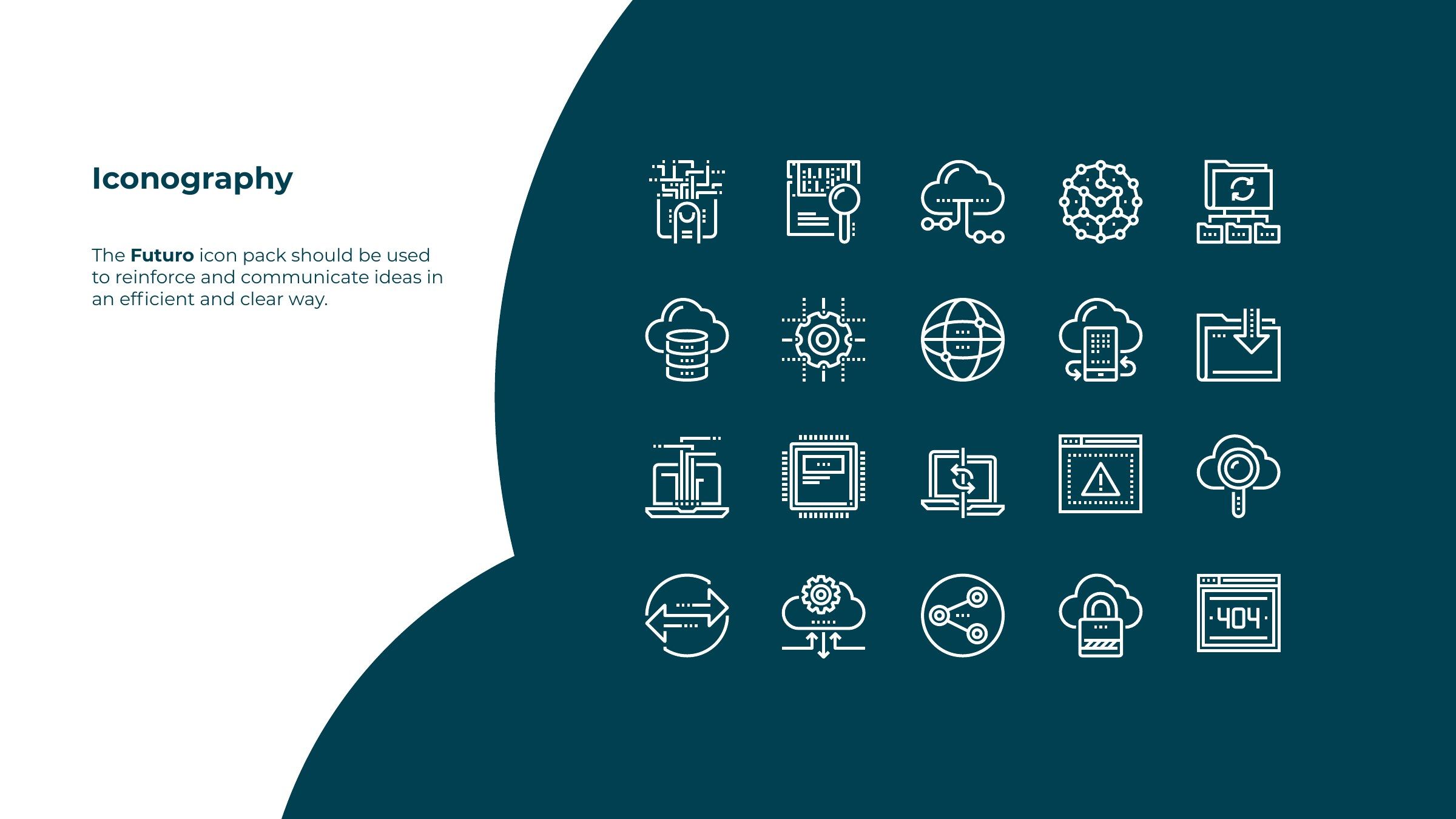 Iconography page with a grid of white line icons for cloud, servers, security and devices on dark teal