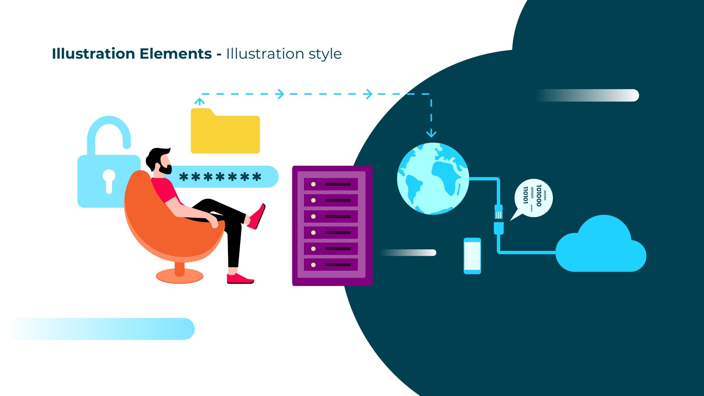 Illustration style page with a person in an orange chair, a padlock, a password field, a server, a globe and clouds connected by dashed lines