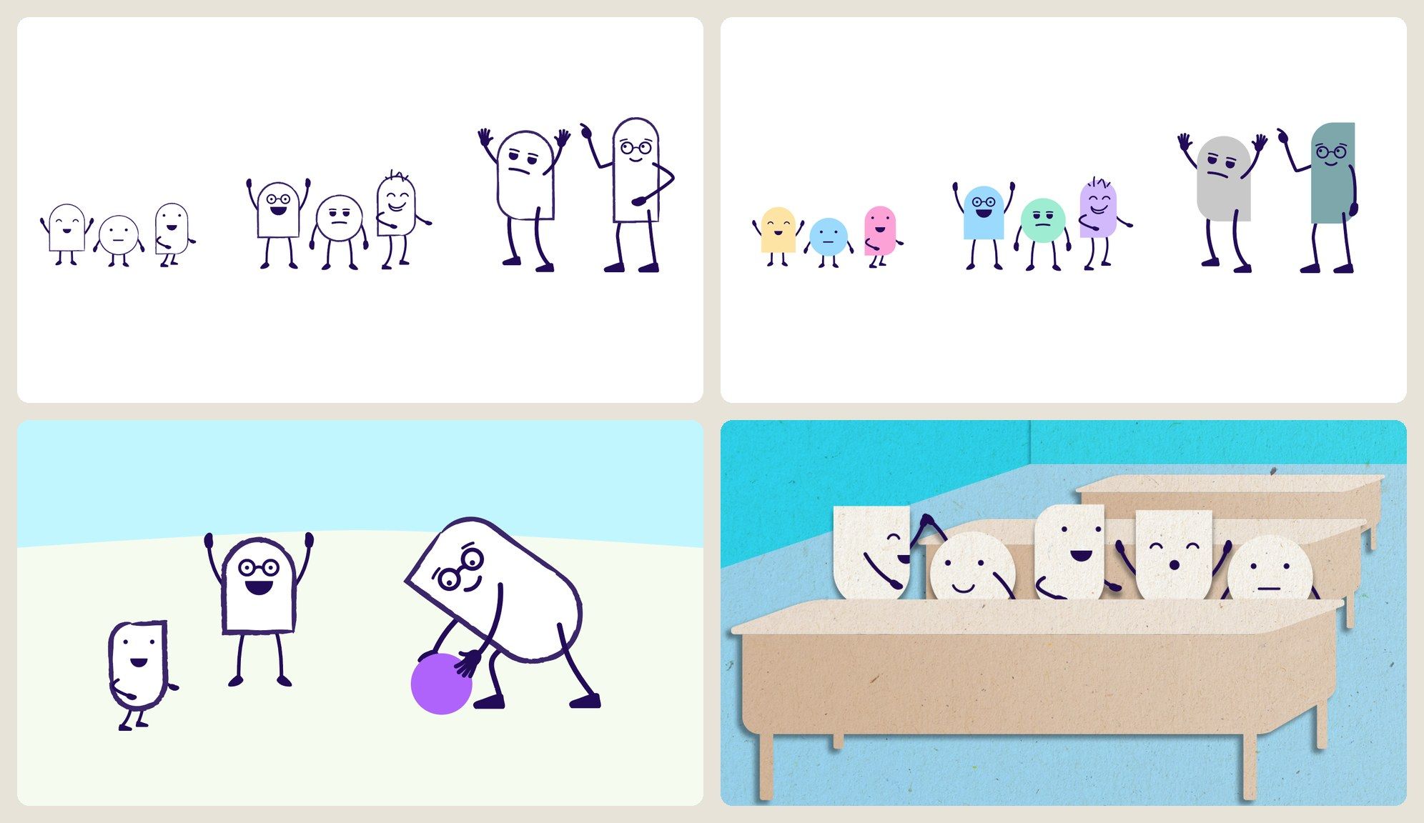 Four style explorations of the same characters, in plain line, pastel colour, a hand-drawn scene with a ball, and a paper-cut classroom