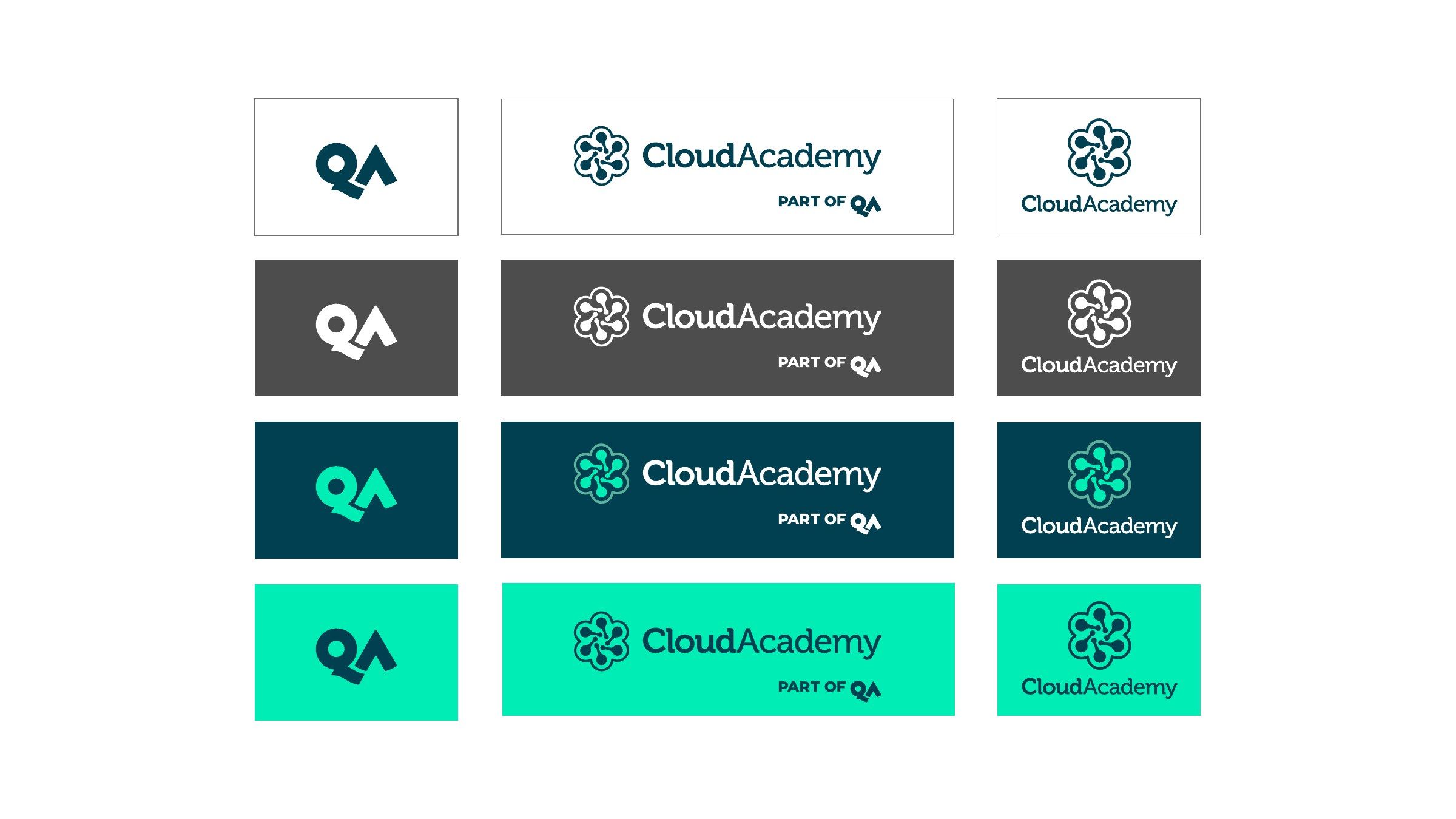 Logo lockups for QA and for Cloud Academy "part of QA" on white, grey, dark teal and green backgrounds
