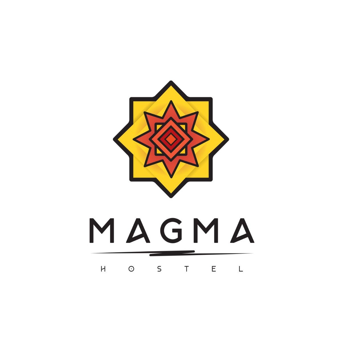 Magma Hostel logo, a yellow and red eight-pointed star above the wordmark