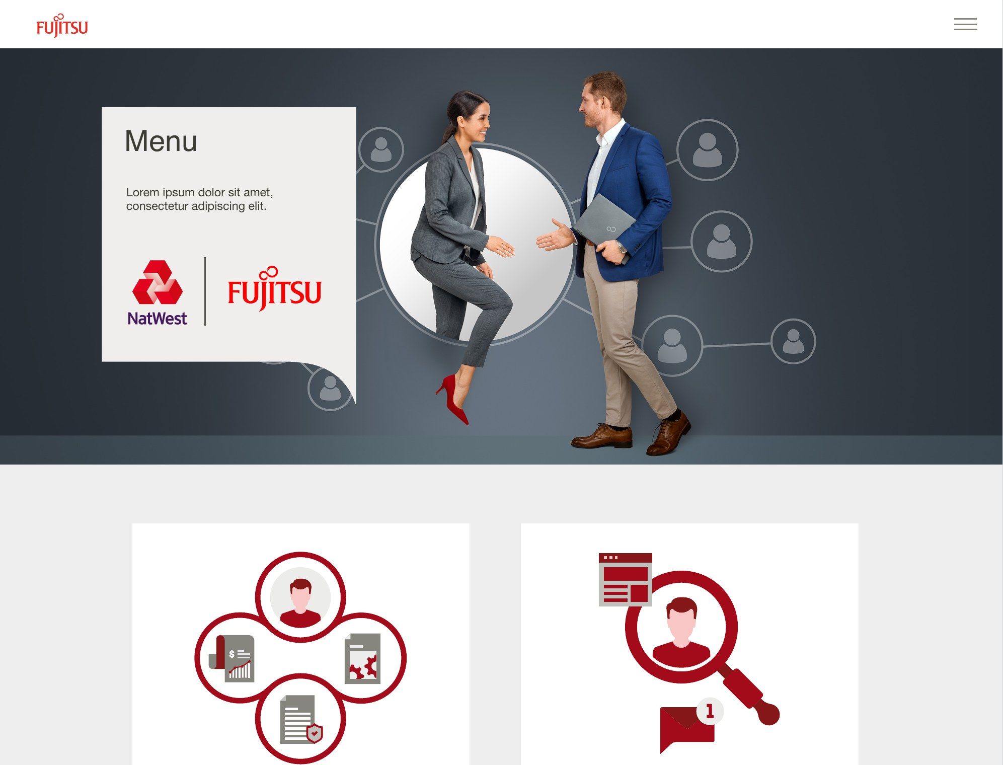 Light version of the course menu with a photo of two colleagues meeting, the NatWest and Fujitsu logos and illustrated topic cards