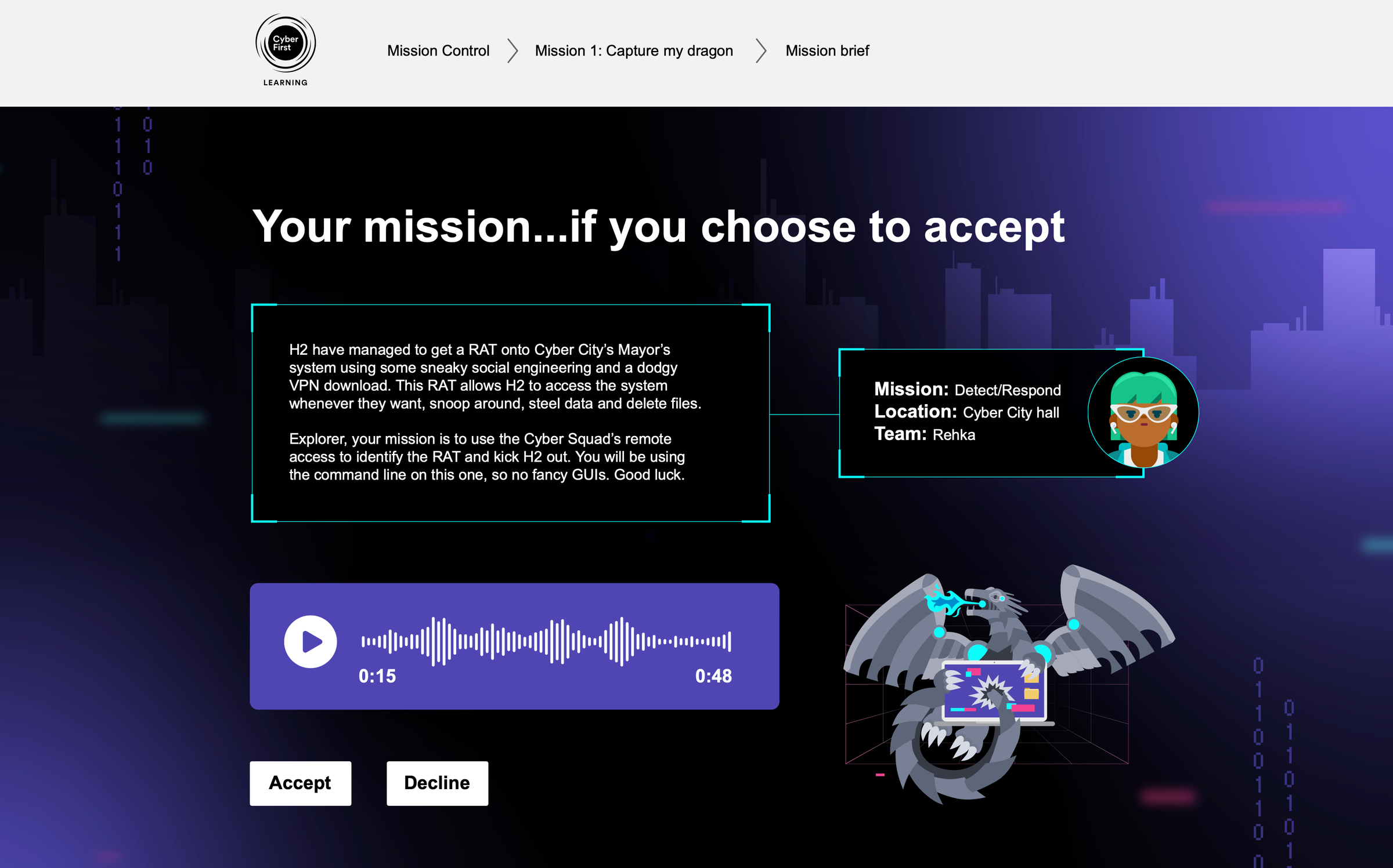 Mission brief screen titled "Your mission… if you choose to accept", with the story text, mission details, guide character Rehka, an audio briefing player and Accept or Decline buttons