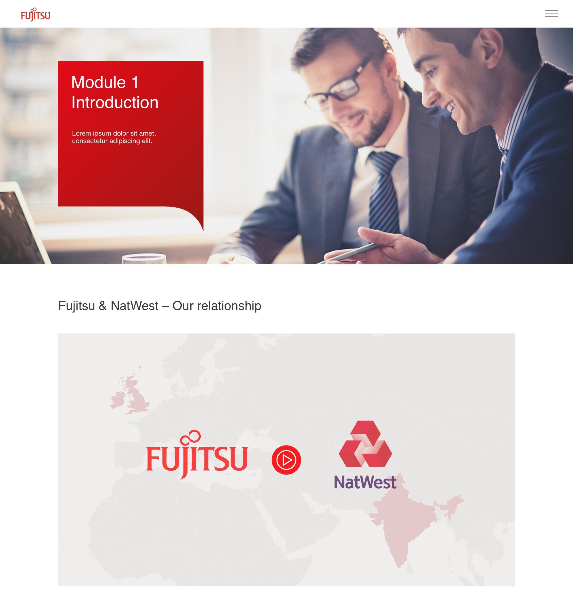 "Module 1 Introduction" screen with a red title panel over a photo of two colleagues, above a "Fujitsu & NatWest – Our relationship" section with both logos on a map
