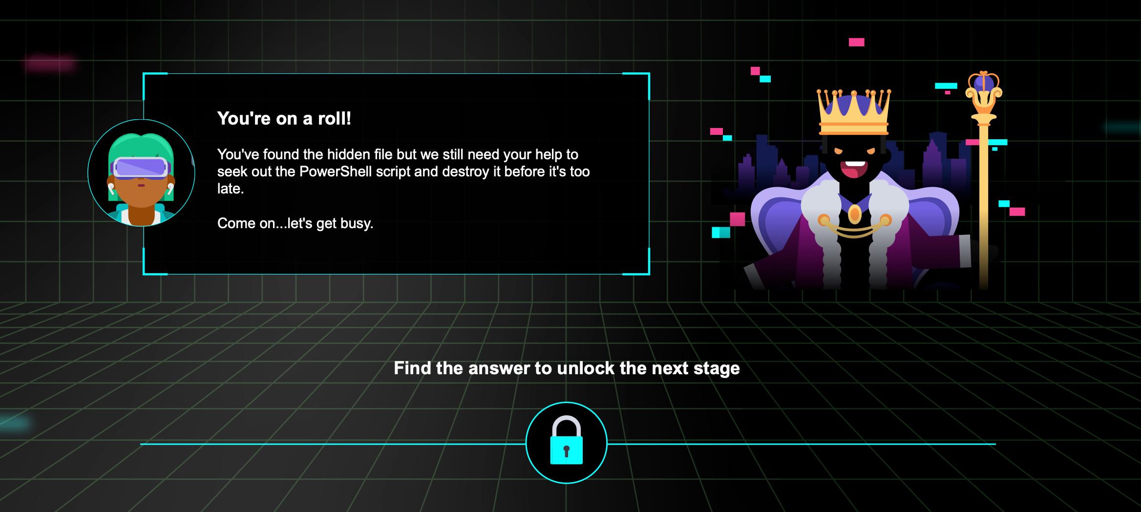 "You're on a roll!" screen: guide character Rehka encourages the learner to find the PowerShell script, beside the villain King Herbert, with a padlock to unlock the next stage