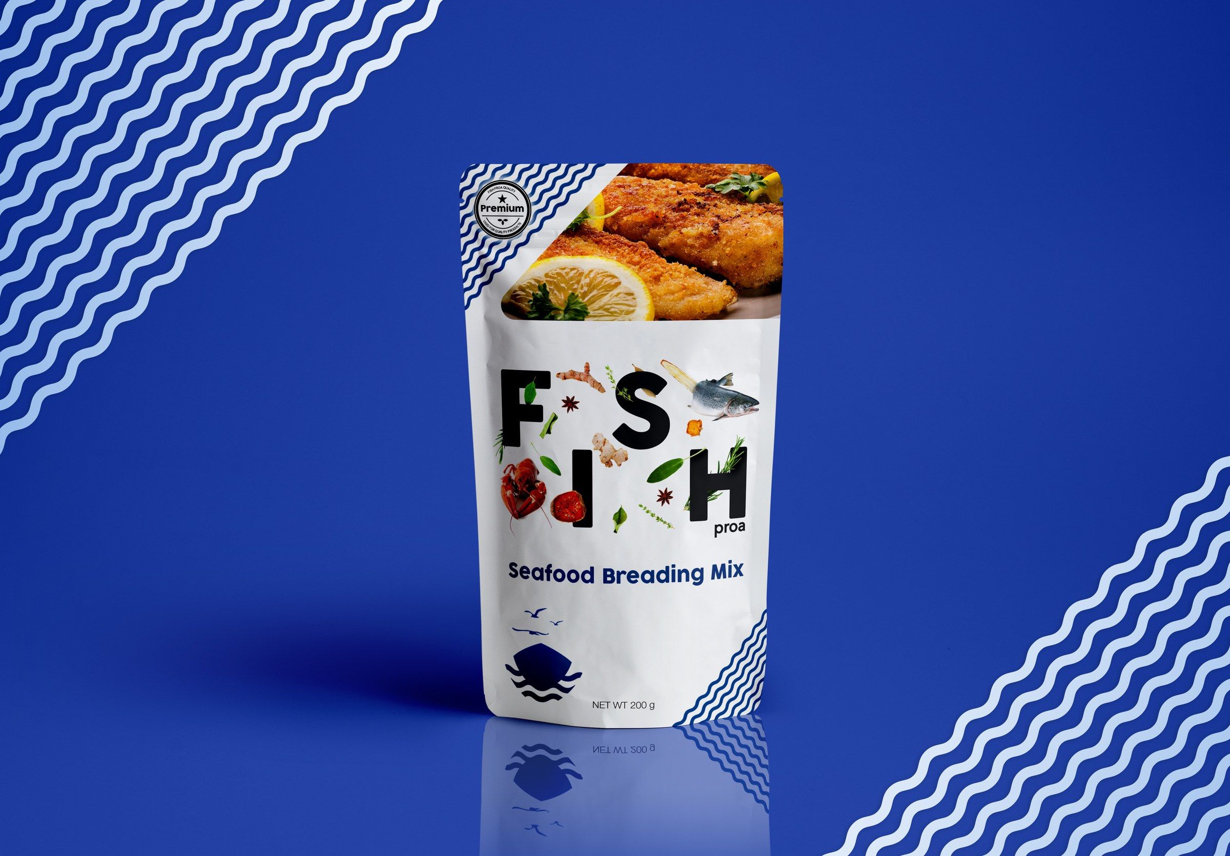 FISHproa seafood breading mix pouch on a deep blue background with white wave patterns