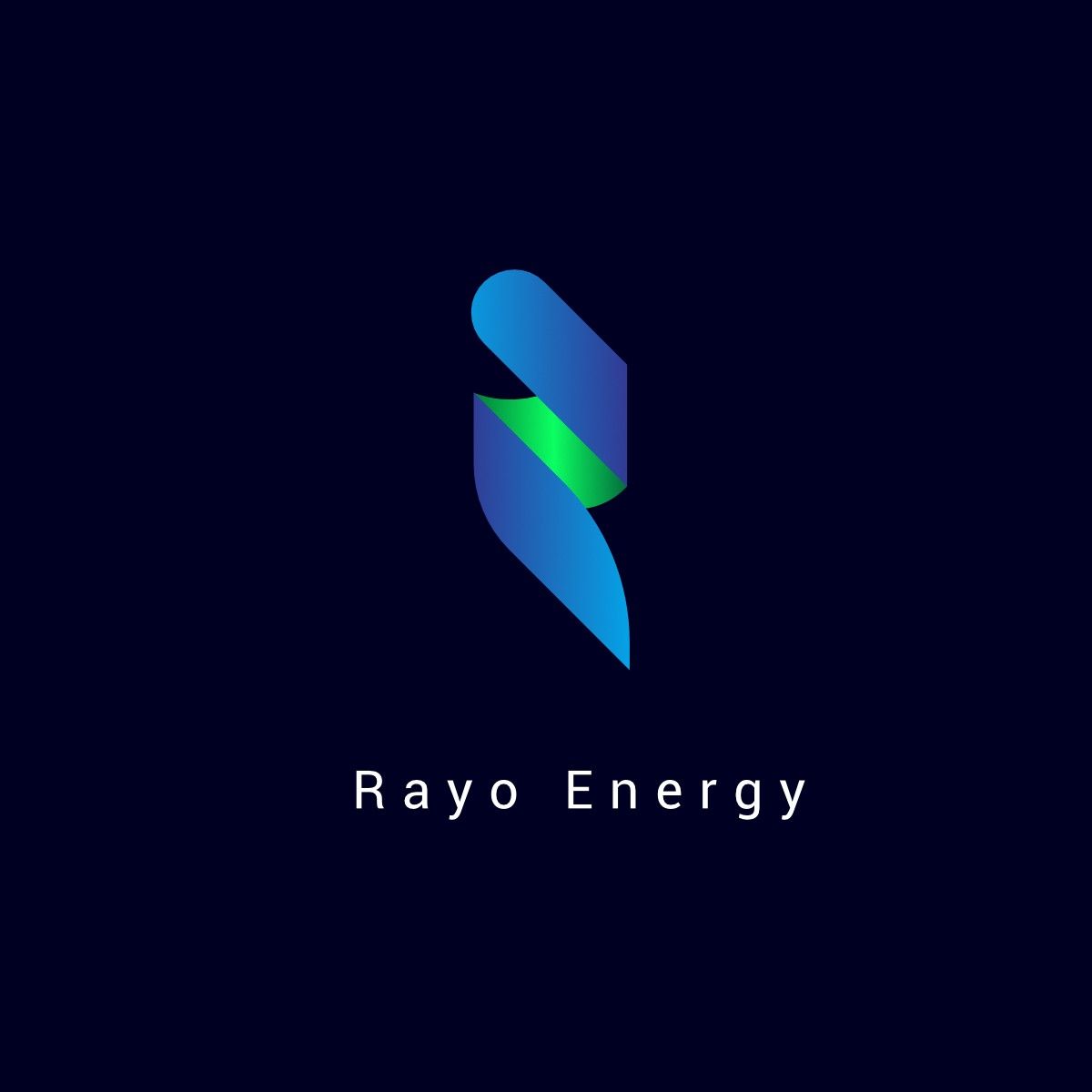 Rayo Energy logo, a folded blue and green ribbon forming an R, on deep navy