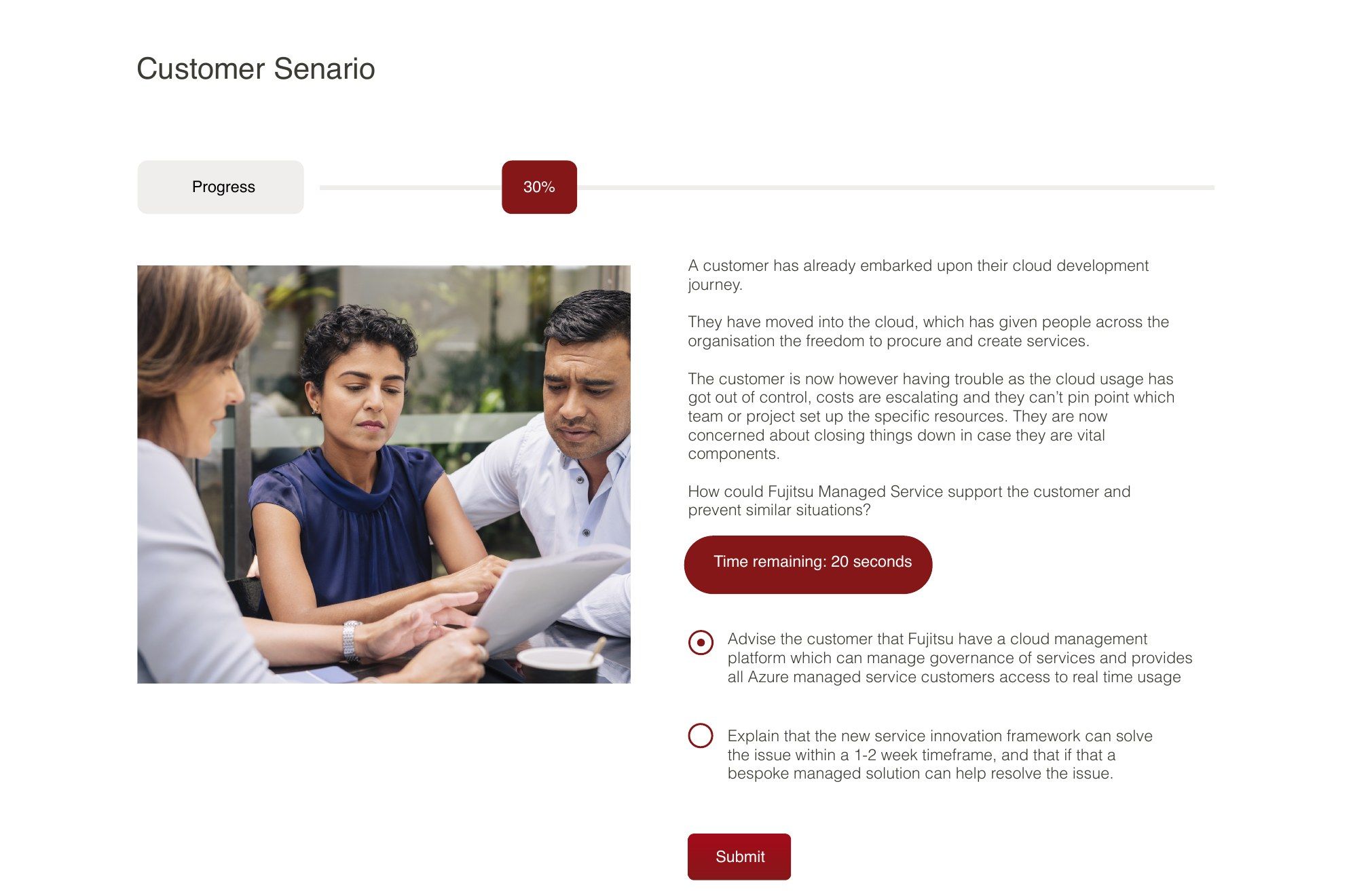 Customer scenario activity with a progress bar, a photo of colleagues around a tablet, a timer showing 20 seconds remaining and two answer options with a Submit button
