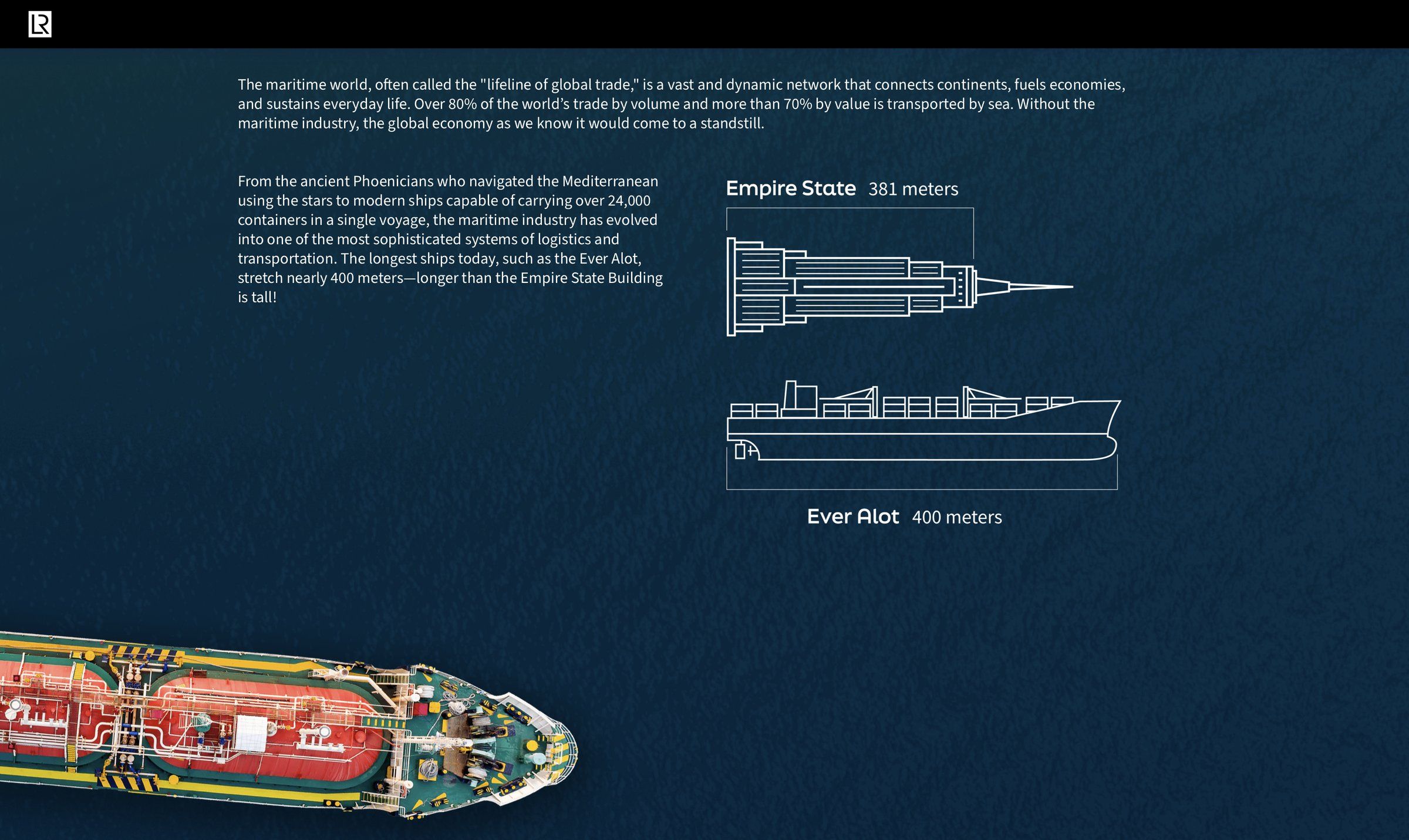 Page over a deep blue sea background comparing the Empire State Building (381 metres) with the Ever Alot container ship (400 metres) in white line drawings, with an aerial photo of a tanker's bow