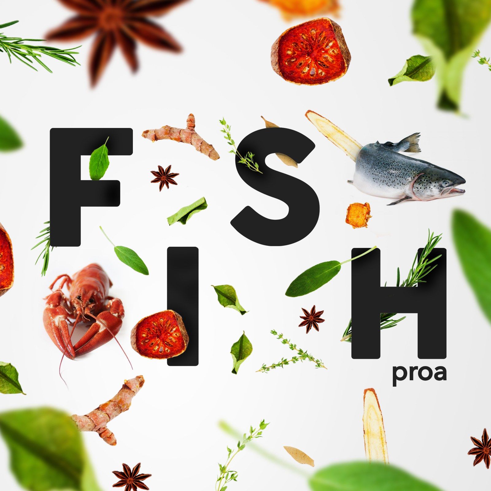 Square social post with the FISH wordmark surrounded by fresh fish, lobster, herbs and spices