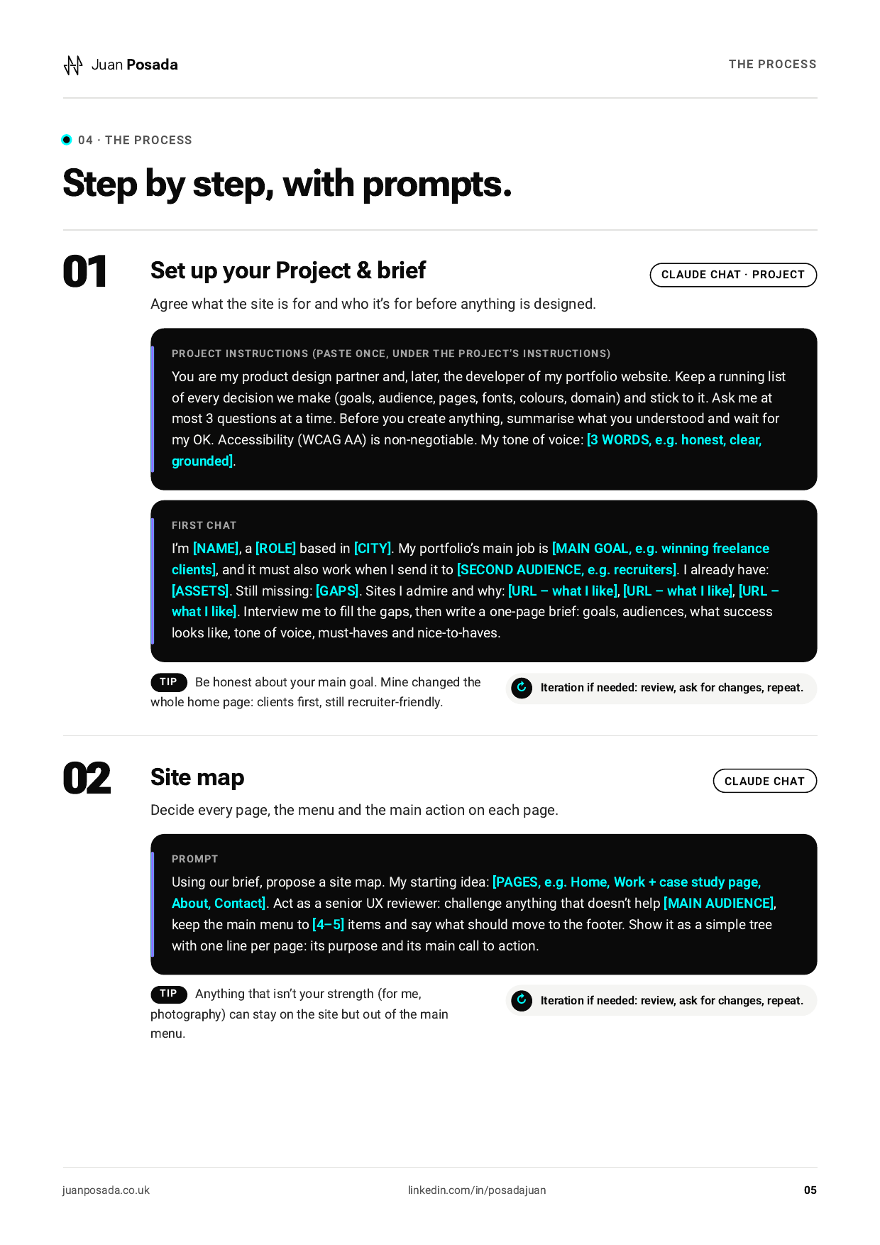 Page from the guide: steps 1 and 2 of the process, each with a copy-ready prompt.