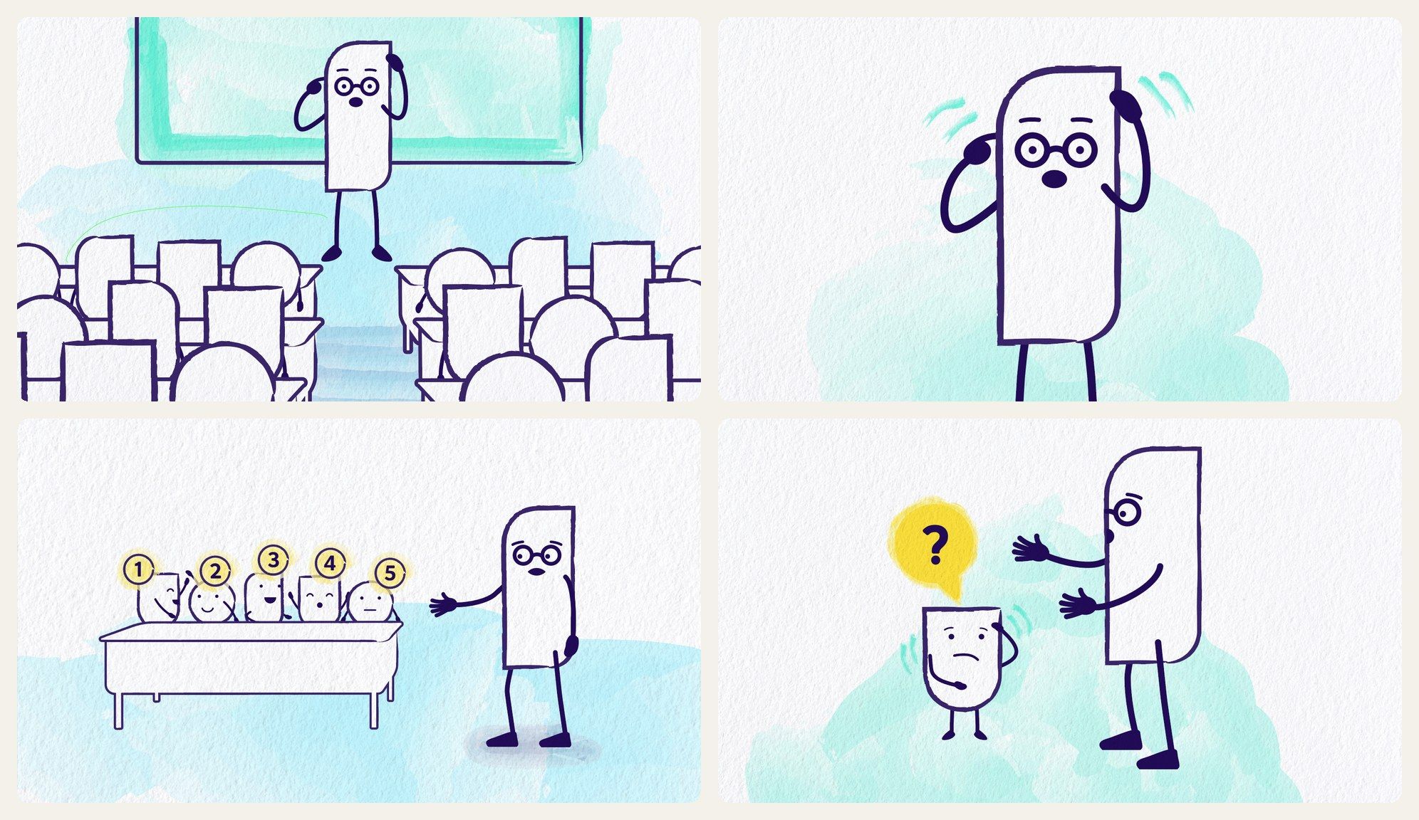 Four watercolour animation frames of a tall teacher character with glasses, looking surprised, pointing to five numbered children at a desk, and answering a child's question
