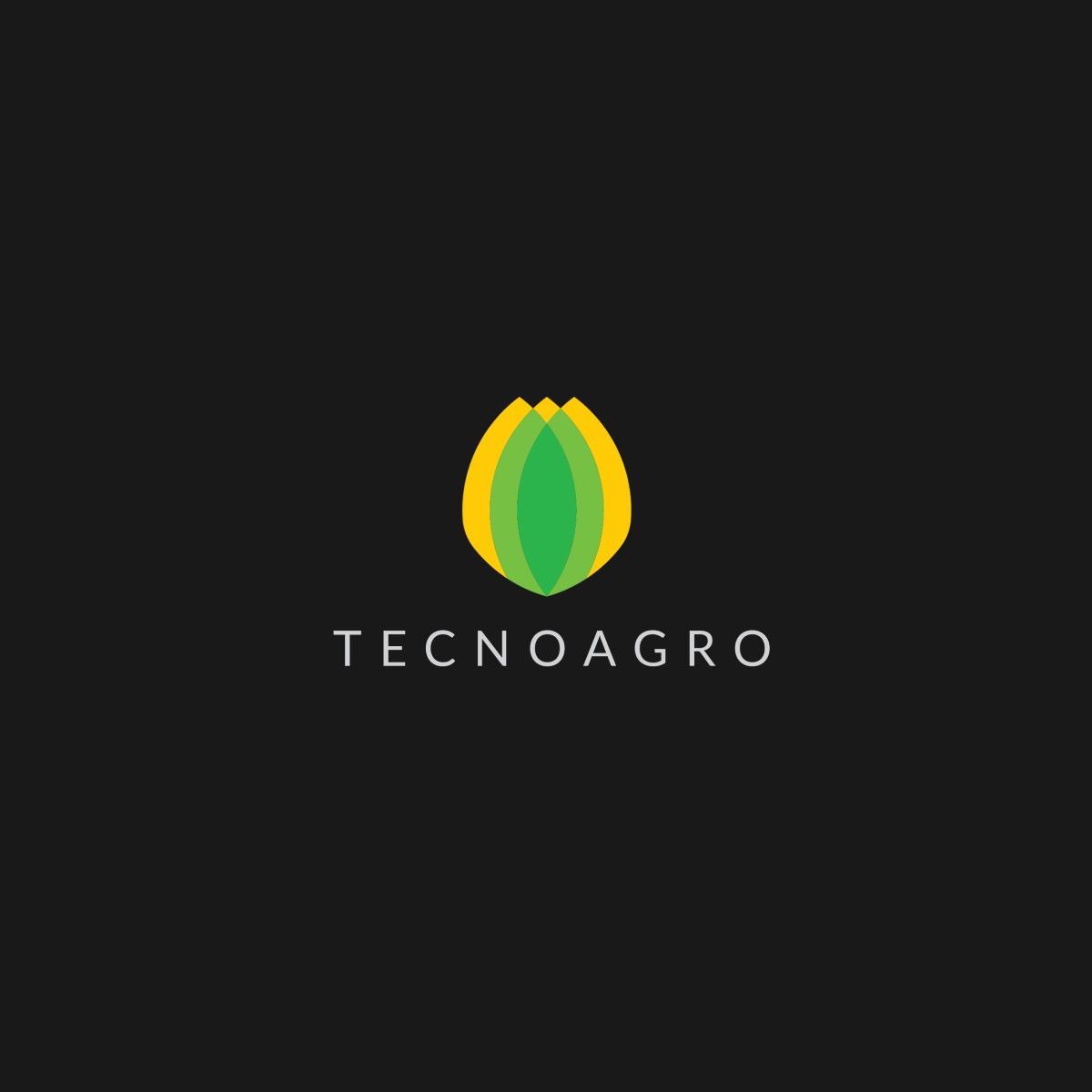 Tecnoagro logo, overlapping yellow and green leaf shapes forming a bud, on black