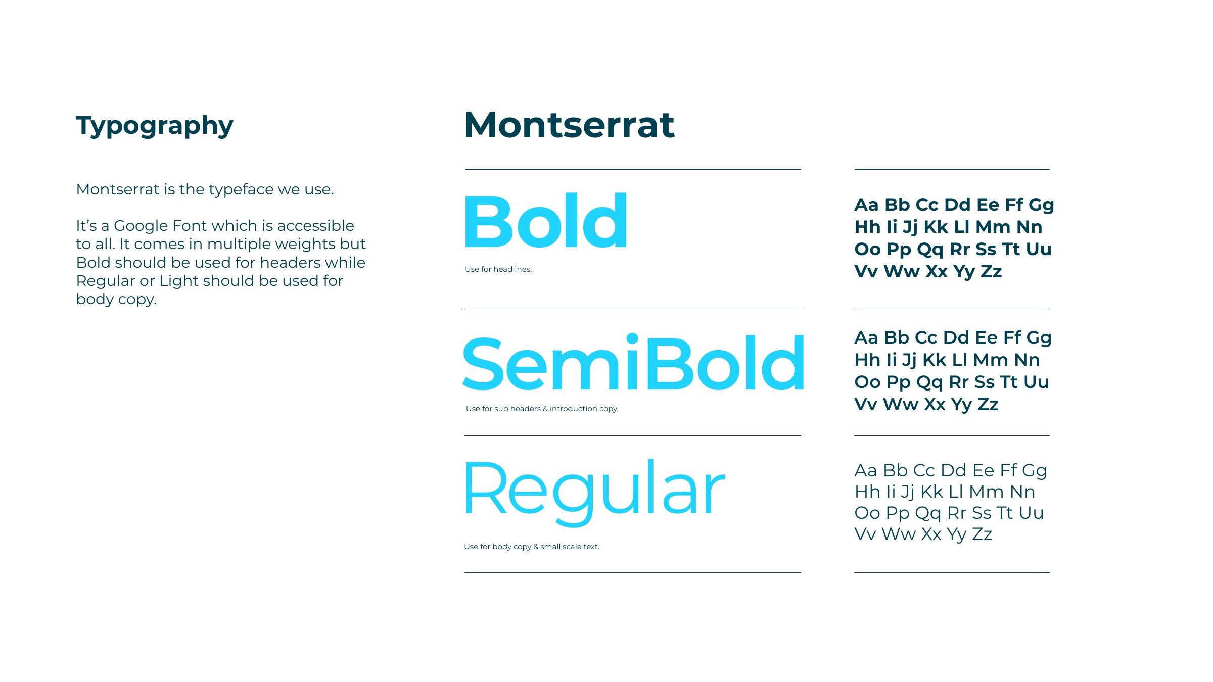 Typography page showing Montserrat in Bold for headlines, SemiBold for subheaders and Regular for body copy