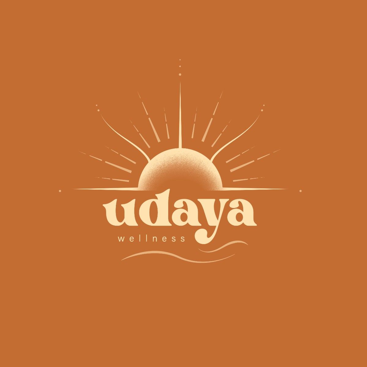 Udaya Wellness logo, a rising sun with rays over a retro serif wordmark, in cream on burnt orange